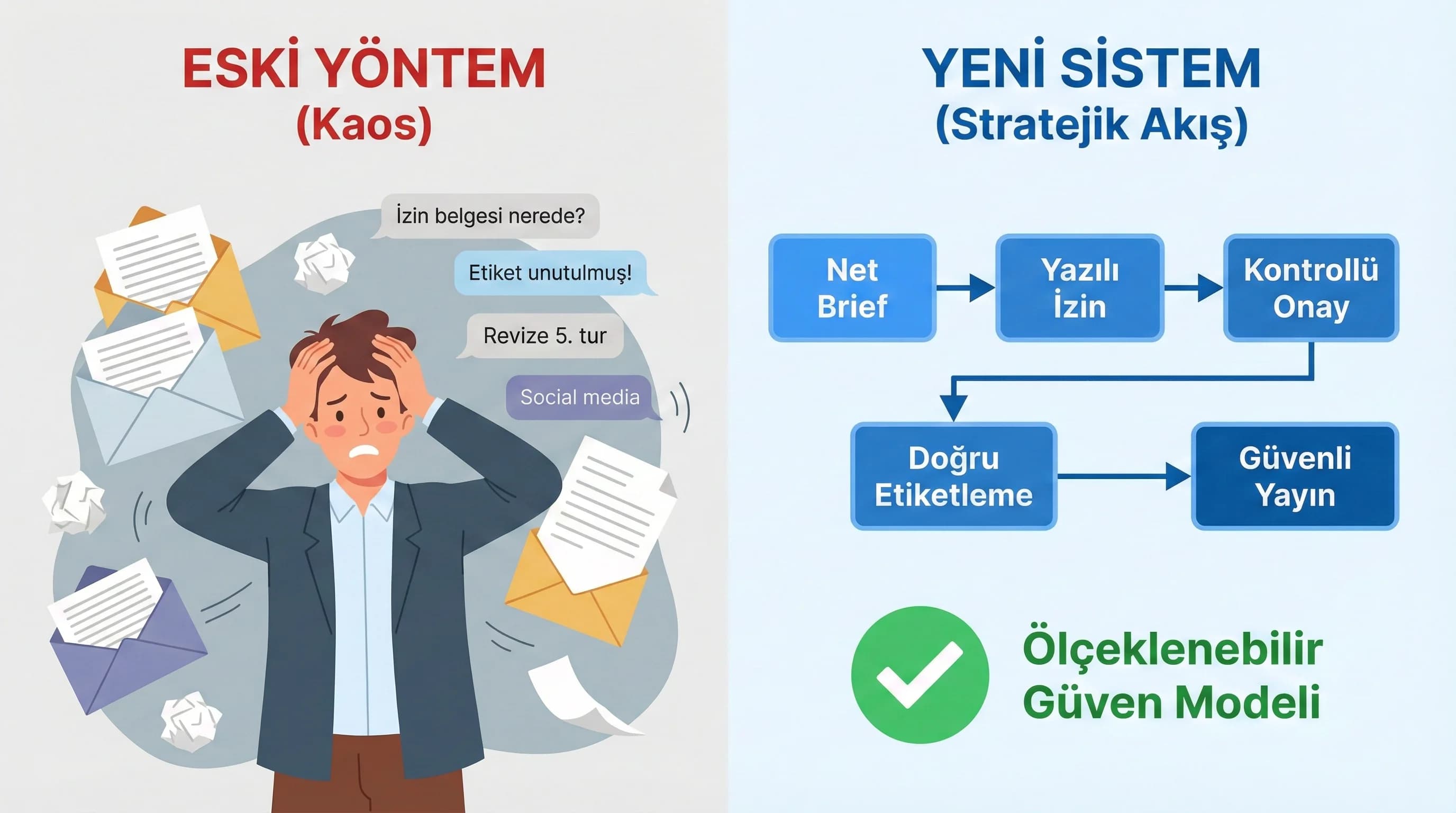 Brief, onay ve etiketleme adımlarını özetleyen reels bağlam görseli