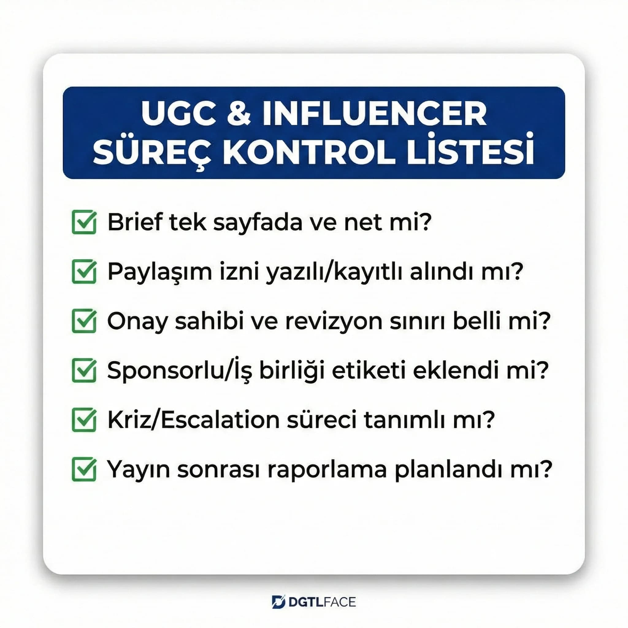 UGC ve influencer süreç kontrol listesini özetleyen kart görseli