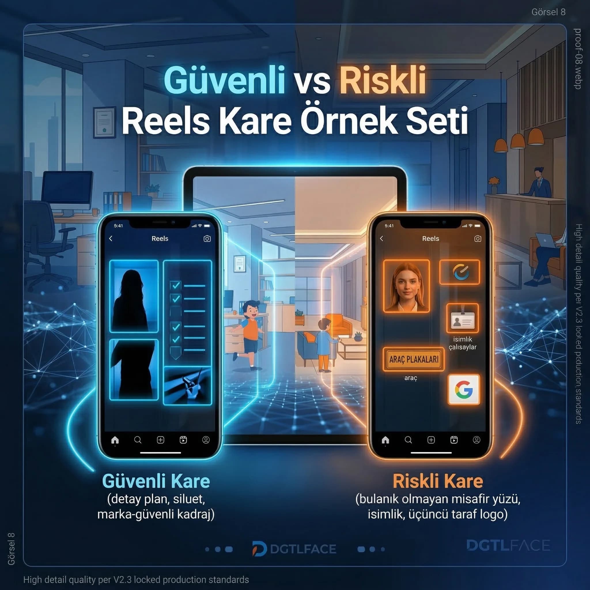 Güvenli vs riskli reels karelerini karşılaştıran proof kartı
