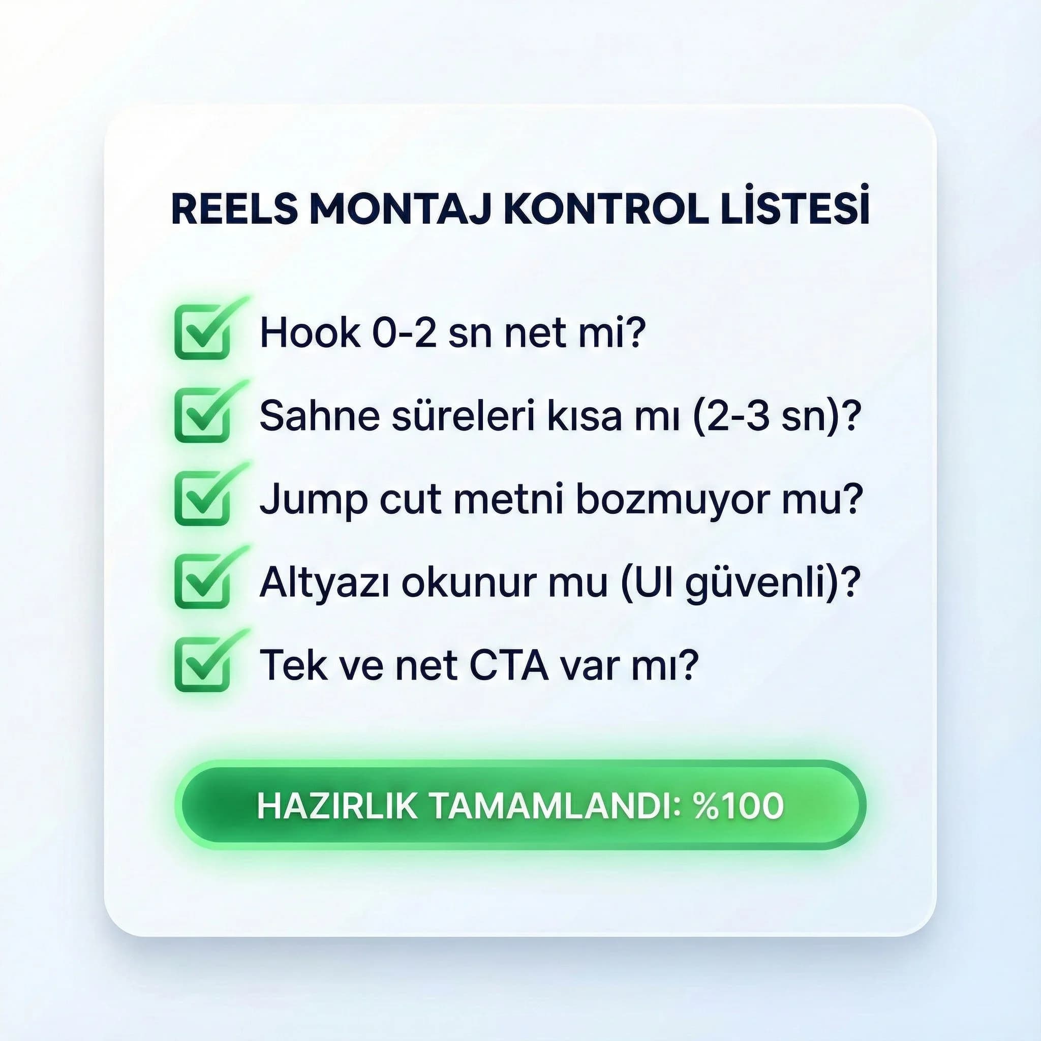 Reels montaj checklist adımlarını özetleyen framework kartı