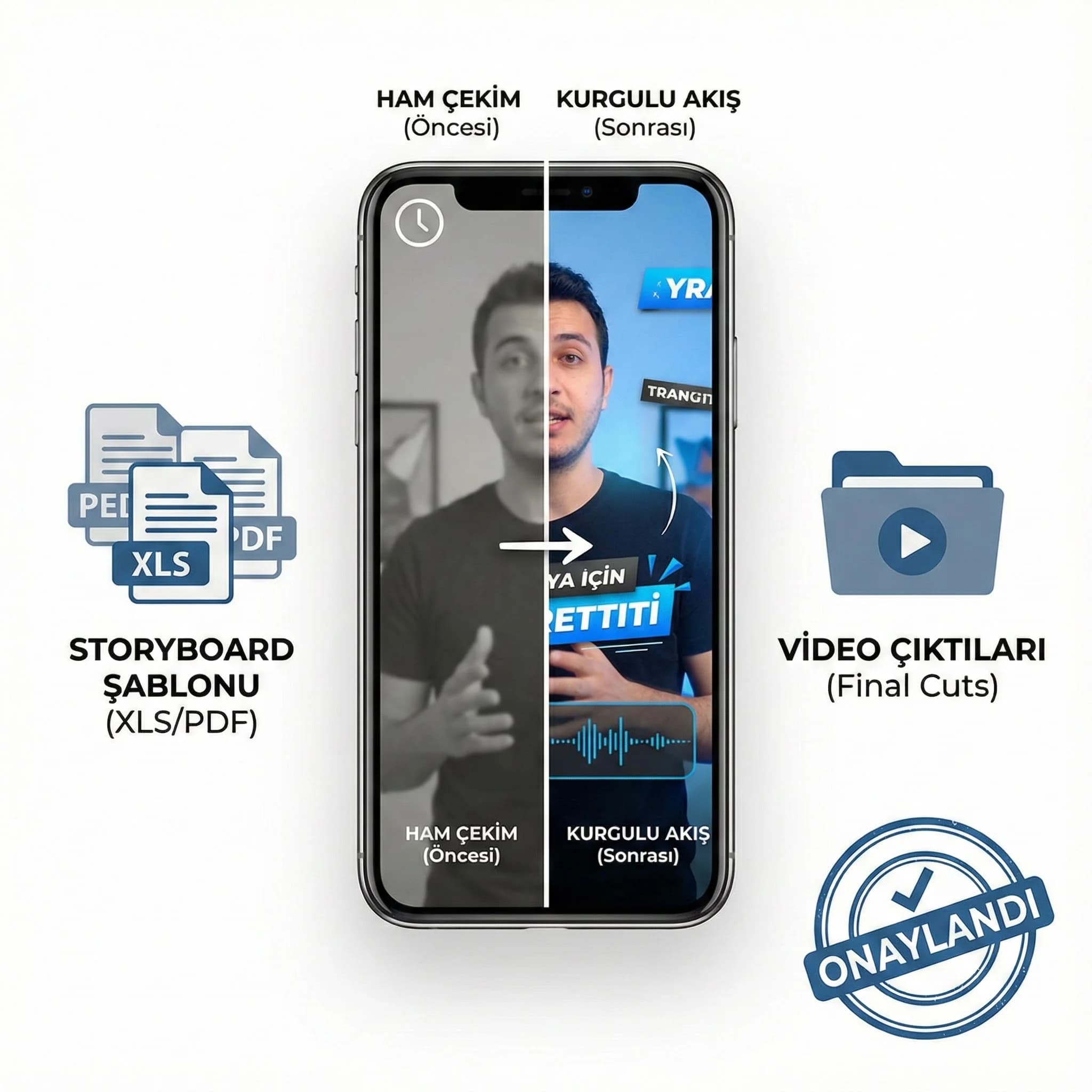 Ham vs kurgulu karşılaştırma ve üretim çıktıları proof kartı