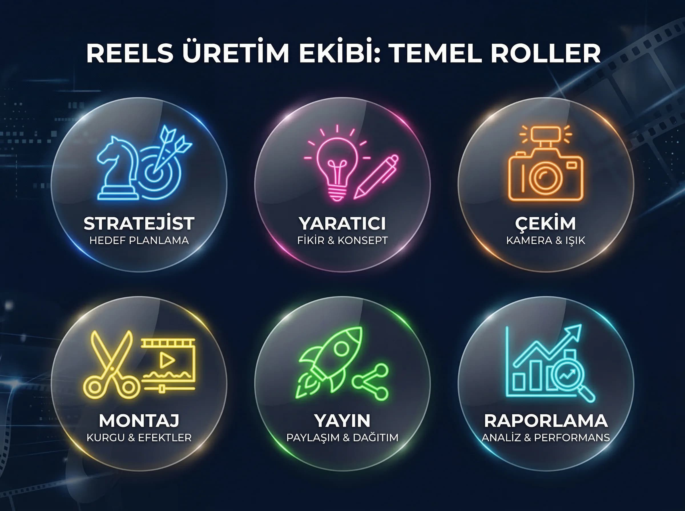 Reels üretimindeki temel rolleri özetleyen bölüm görseli