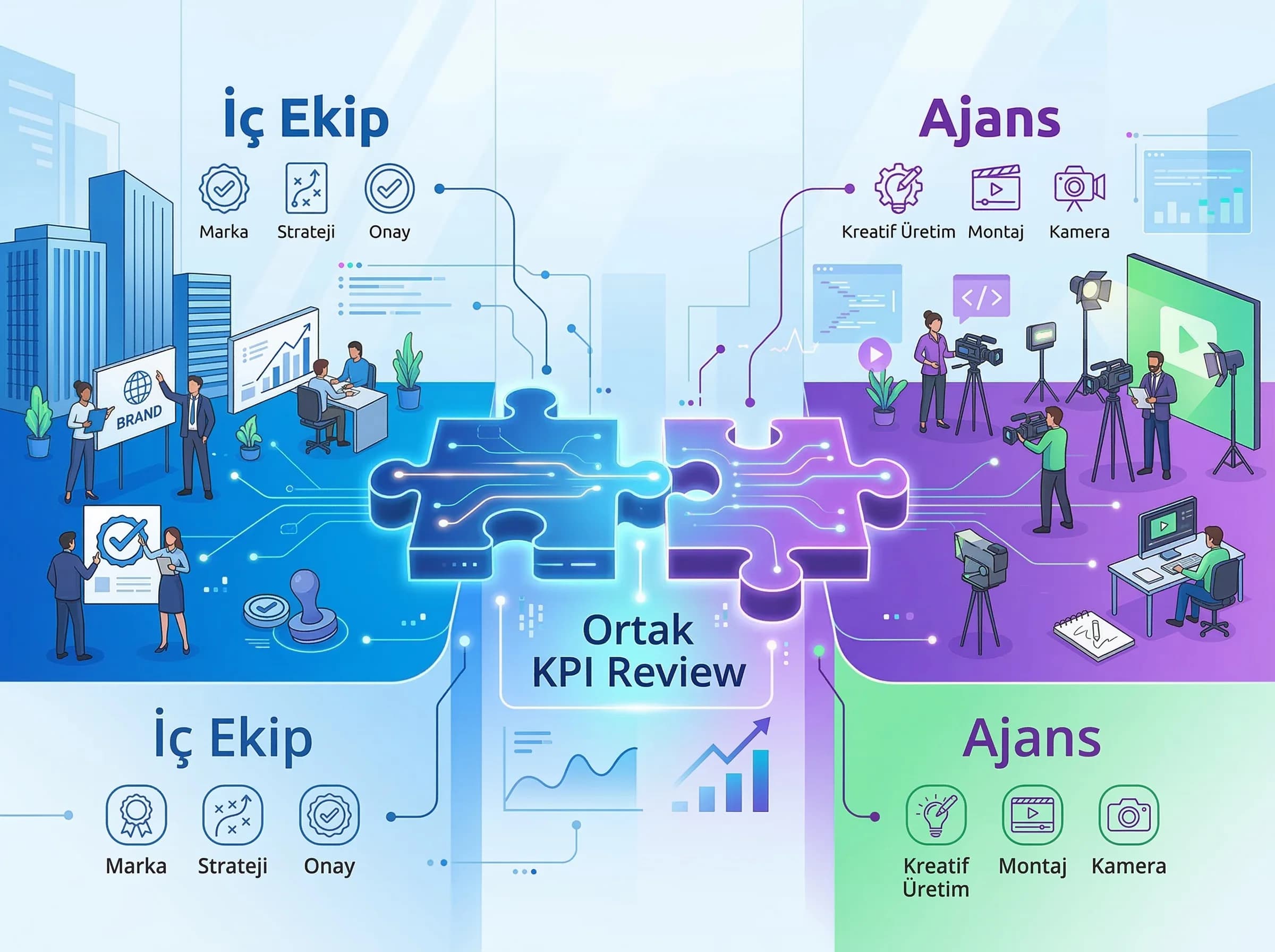 Ajans–iç ekip hibrit çalışma yapısını özetleyen bölüm görseli