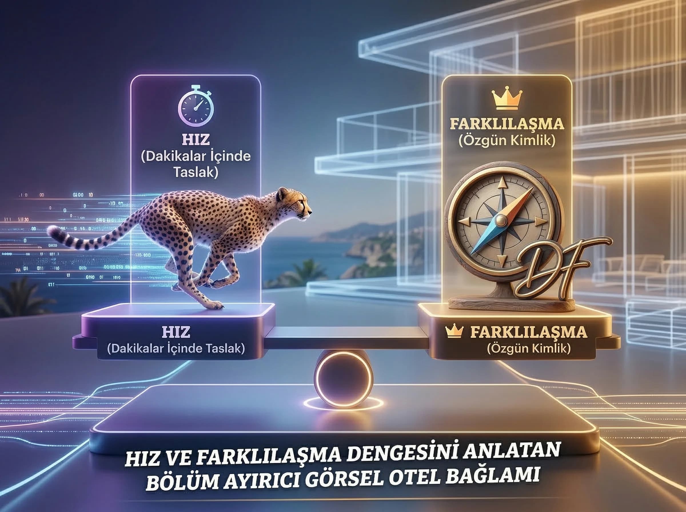 AI ve insan kurgu workflow akışını anlatan şema otel içerik ekibi için