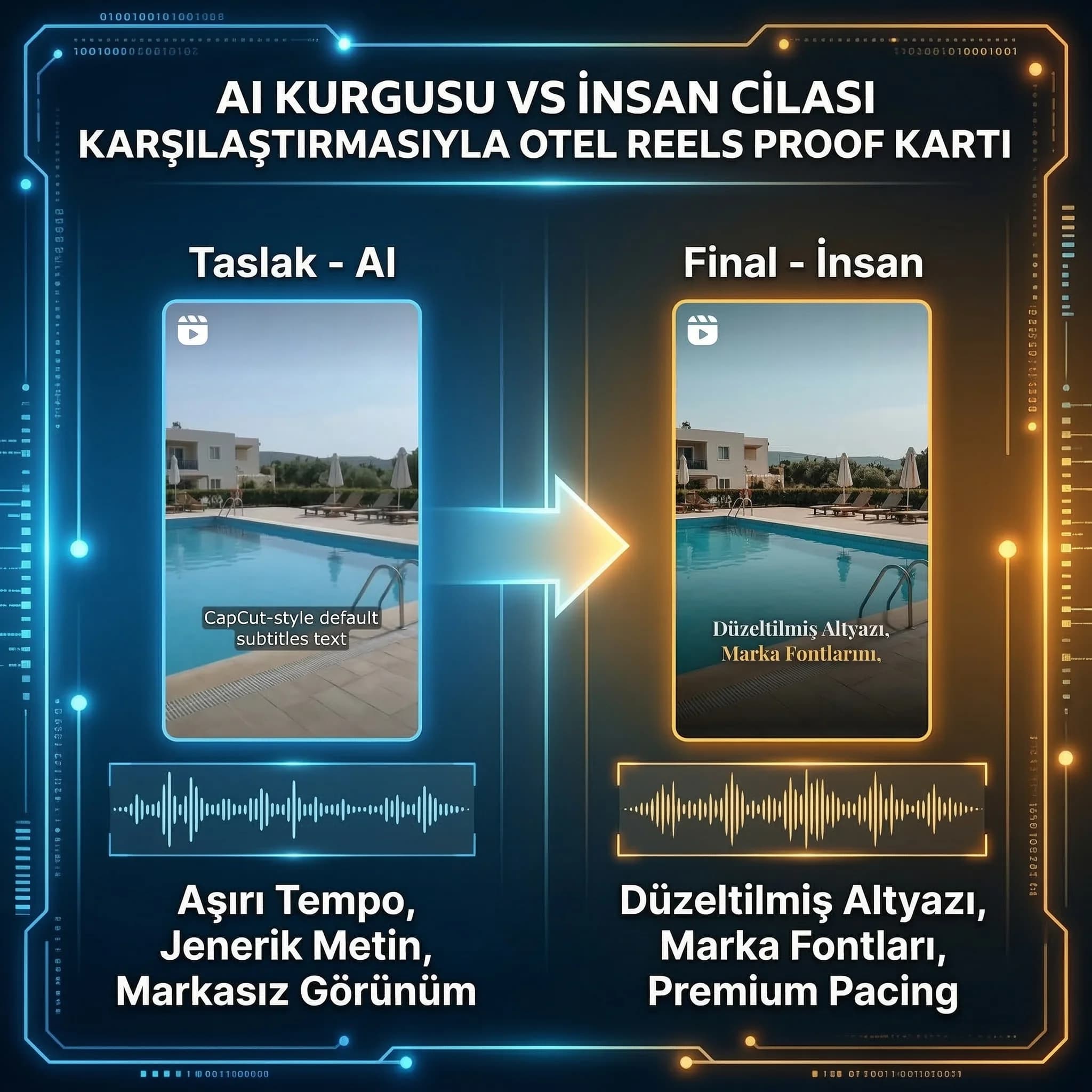 AI kurgusu ve manuel cilayı karşılaştıran çıktı kartı otel bağlamı