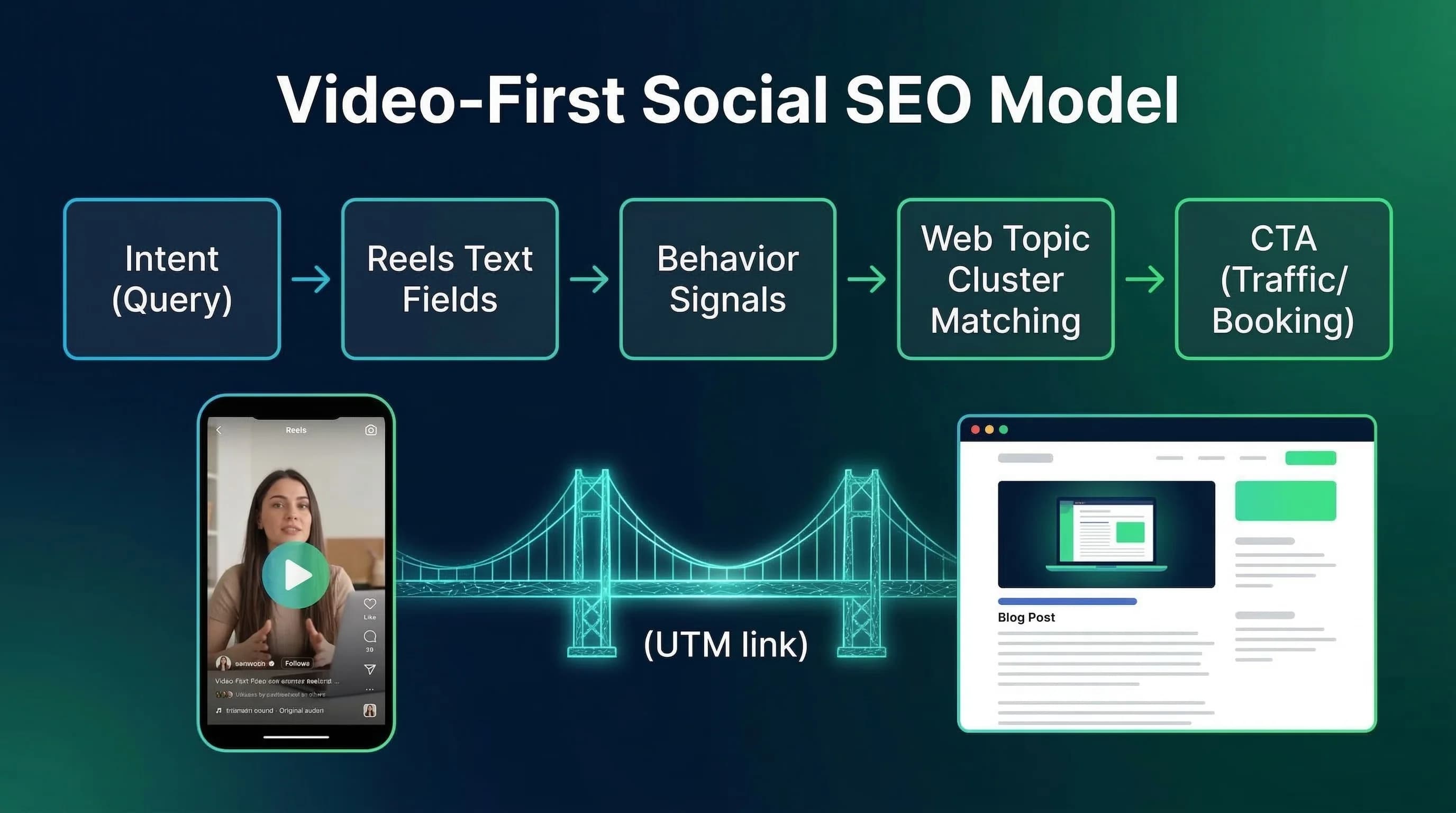 Video-first social SEO modeli ve web cluster köprüsü diyagramı