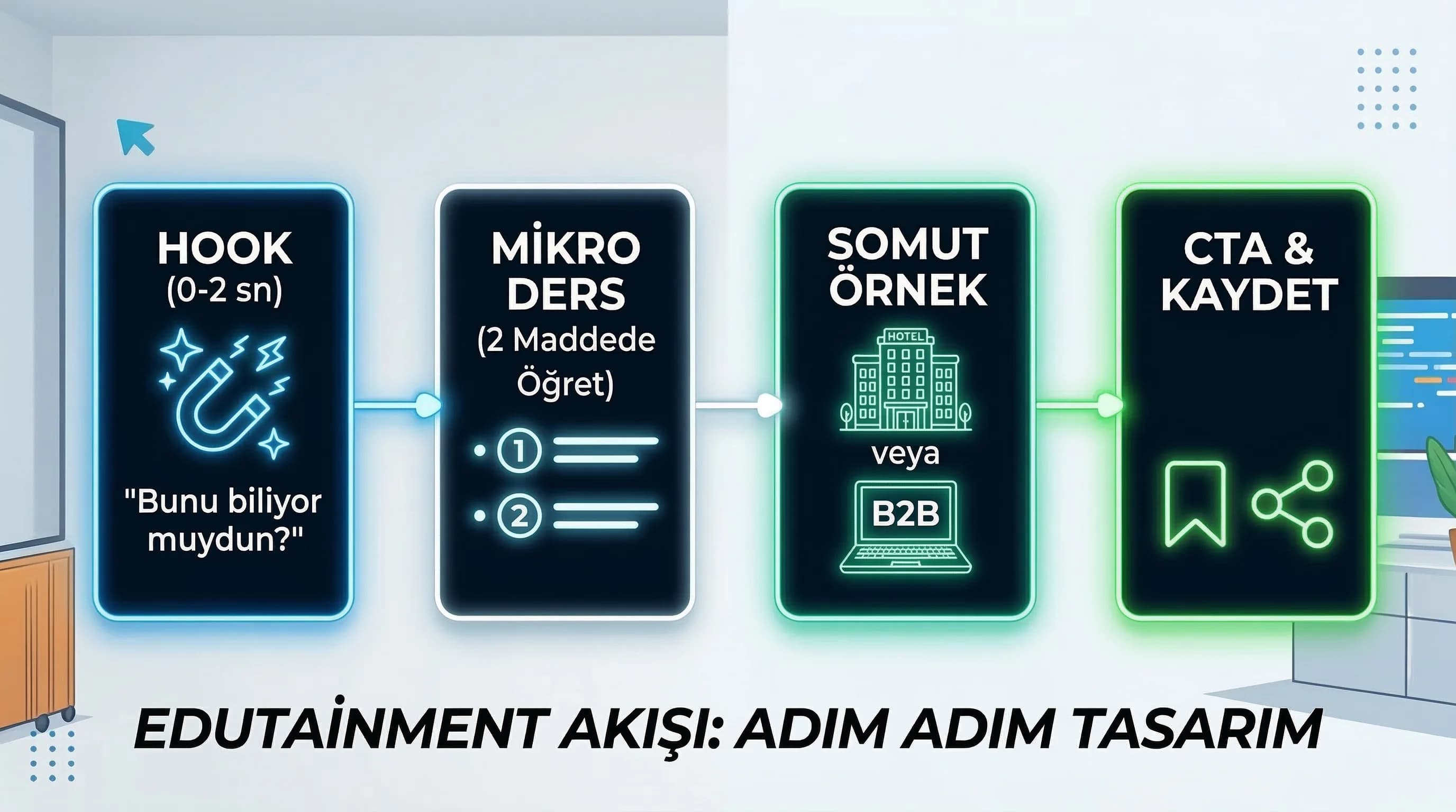 Hook→mini ders→örnek→CTA akışını gösteren edutainment görsel