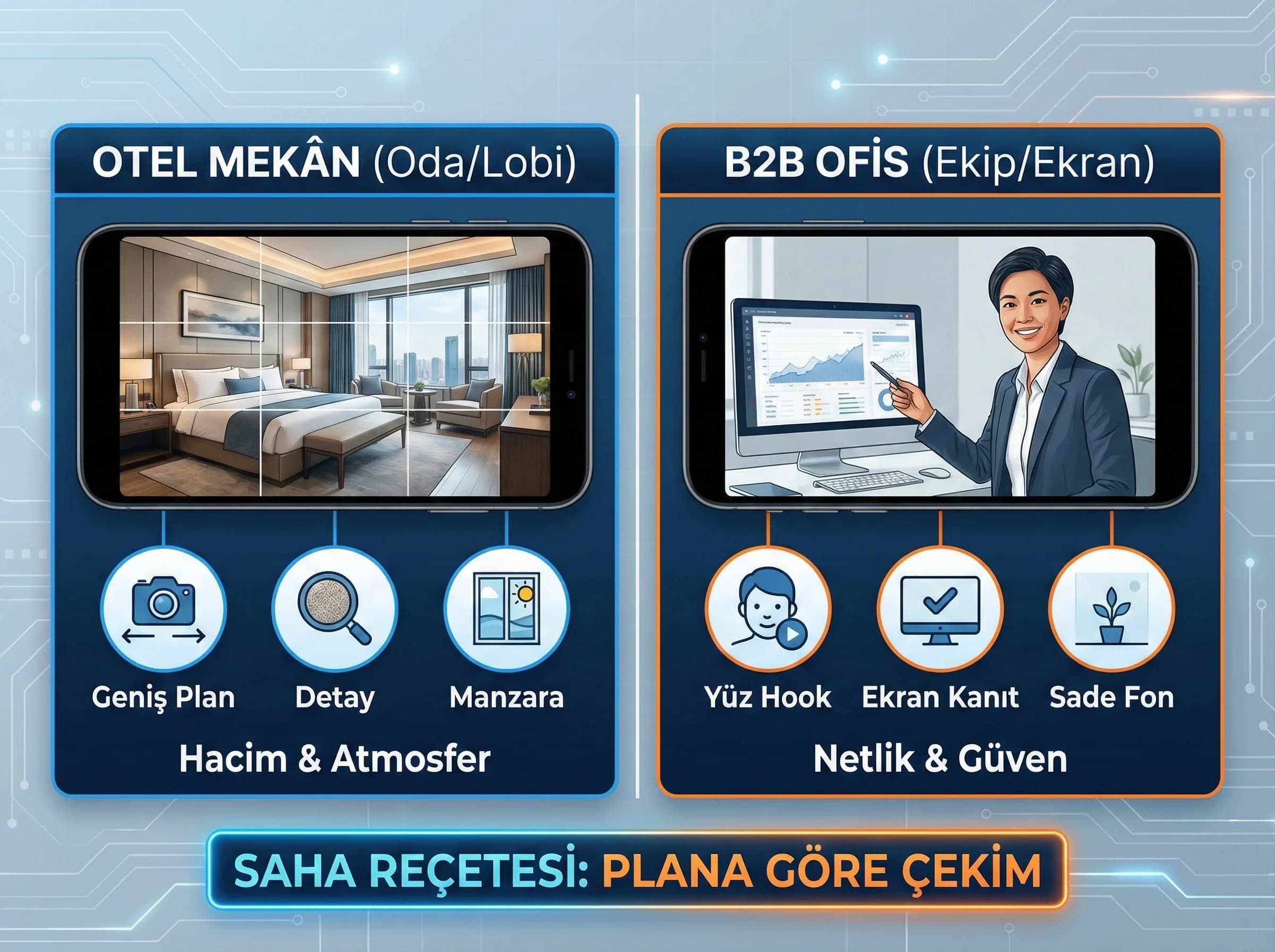 Otel ve B2B mekân çekiminde kadraj reçetesini özetleyen bölüm görseli