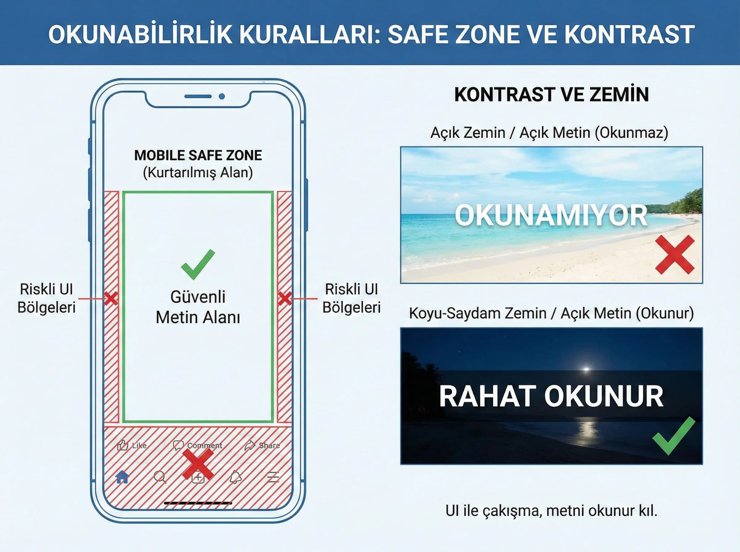 Okunabilirlik ve safe zone kurallarını özetleyen bölüm görseli