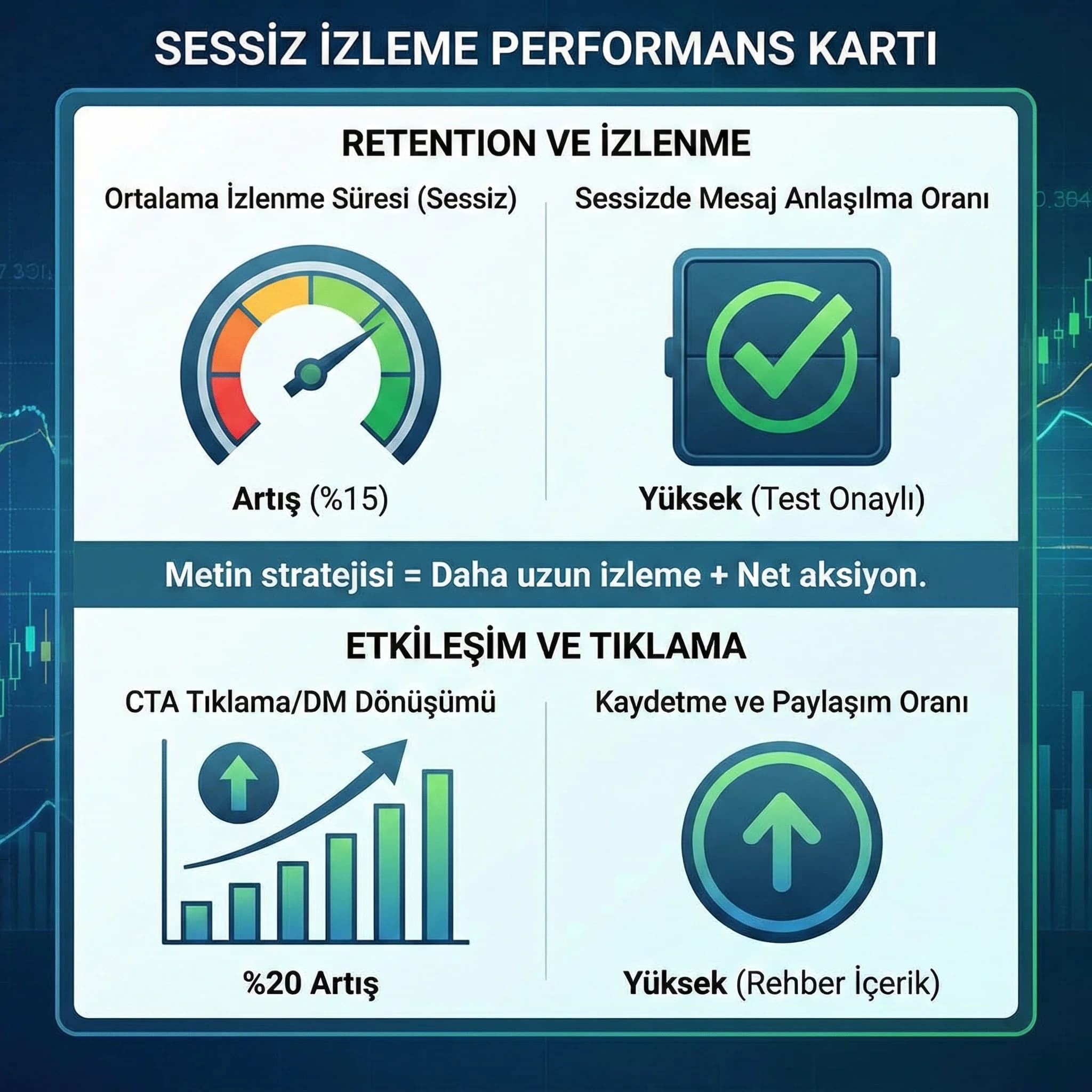 Metin stratejisiyle retention ve tıklama KPI’larını gösteren skor kart