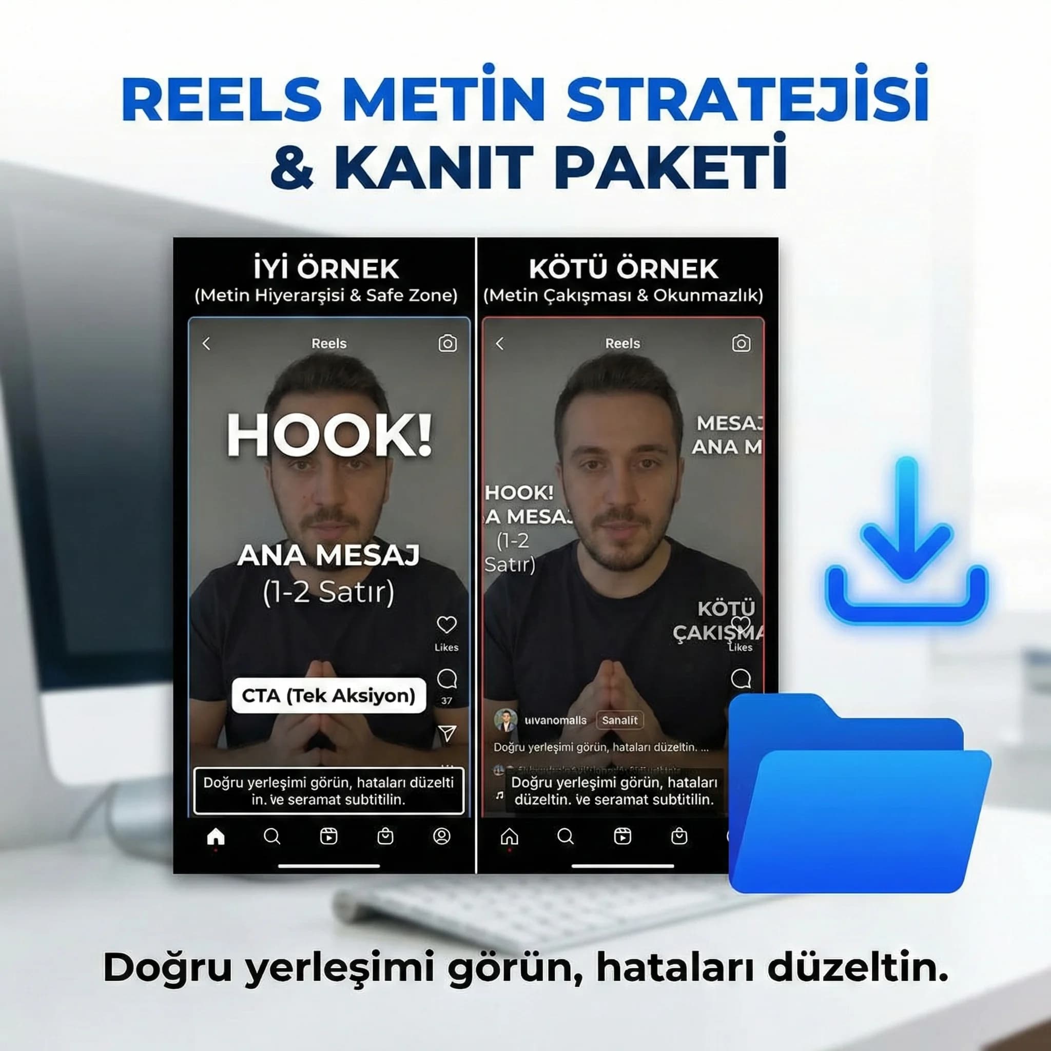 On-screen text katmanları mockup ve iyi/kötü örnekleri gösteren proof kartı