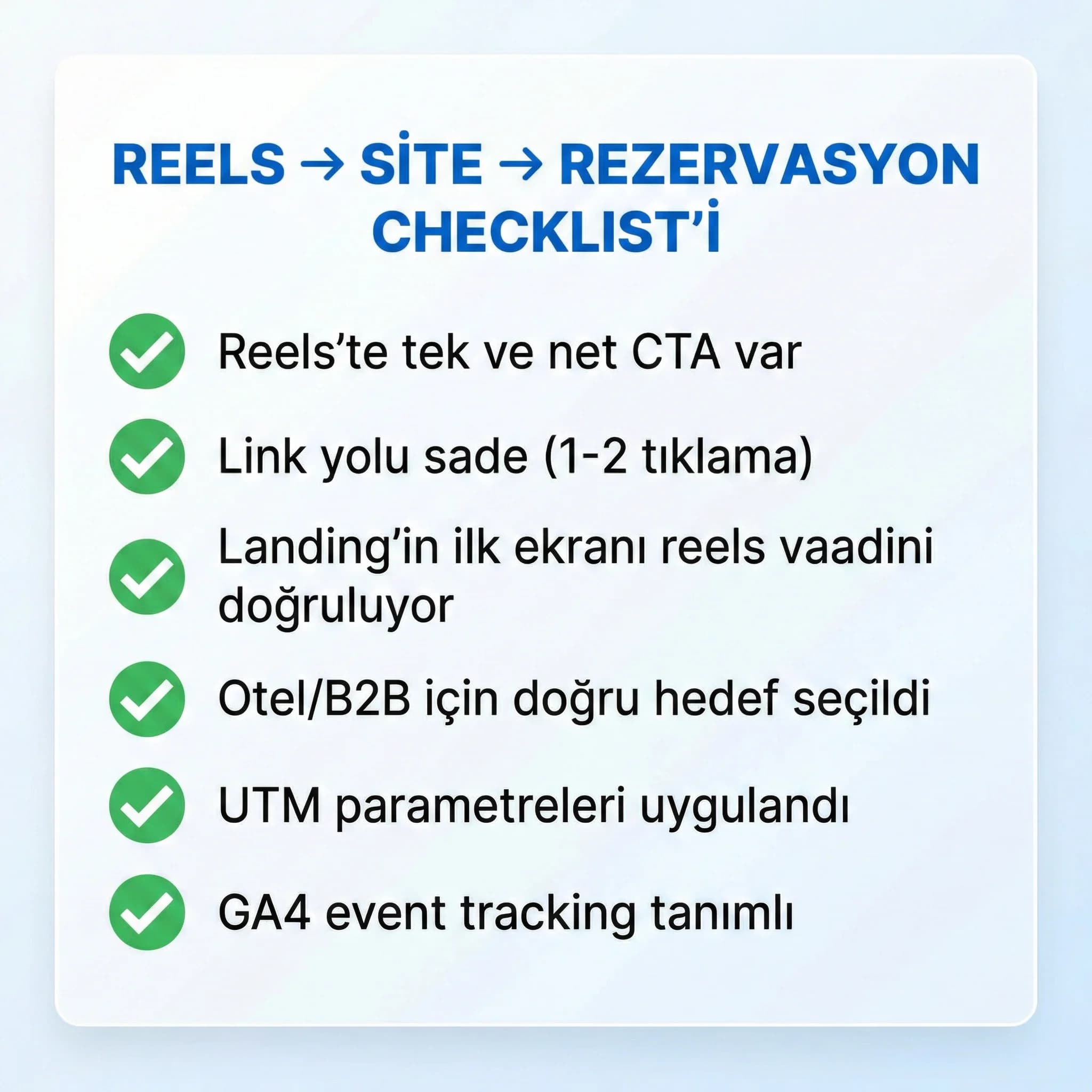 Reels→site→rezervasyon checklist kartı