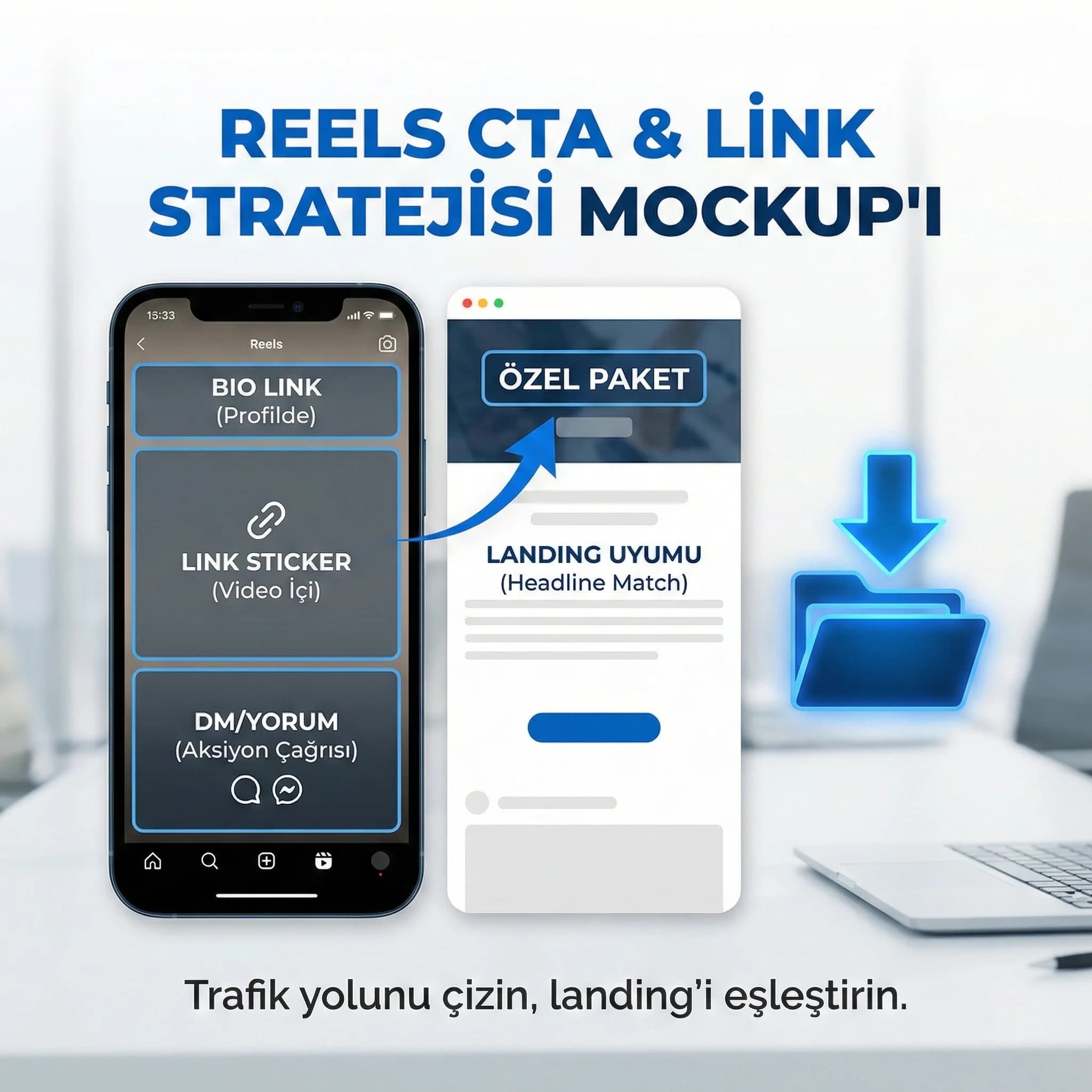 CTA ve link yerleşimi mockup + çıktıların proof kartı