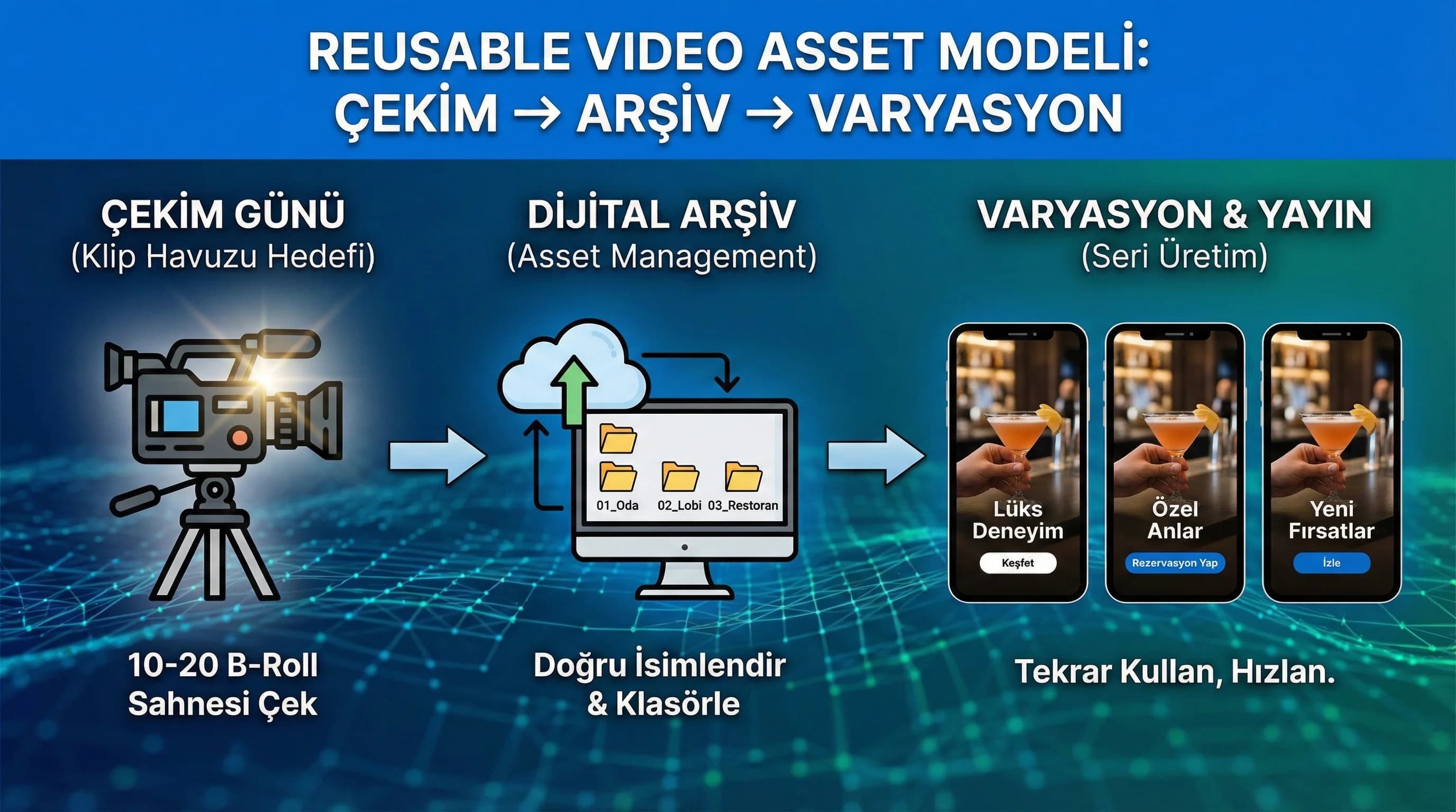 Çekim günü → arşiv → varyasyon akışını özetleyen bağlam görseli