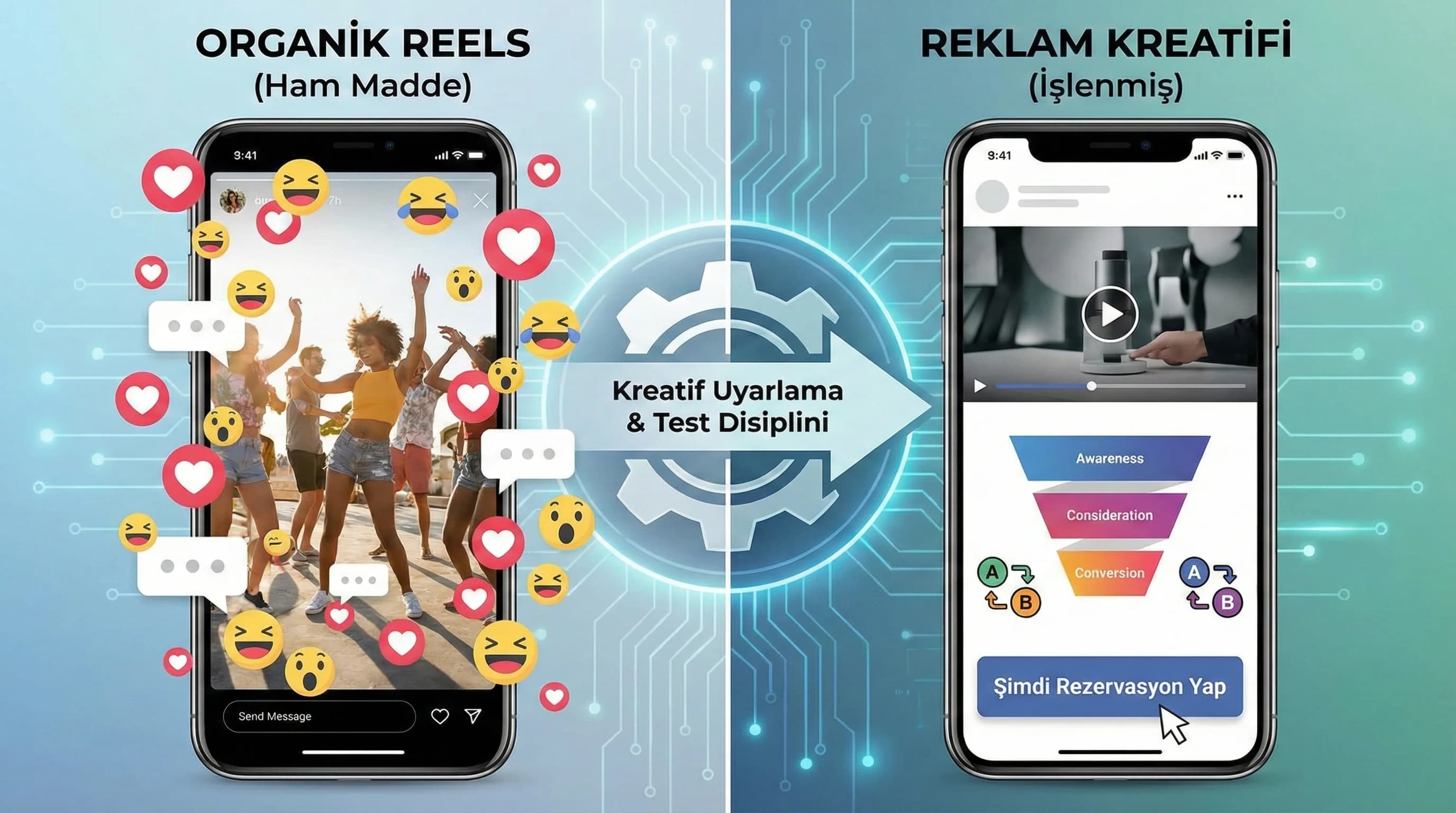 Organik vs reklam reels farkı ve test mantığını özetleyen bağlam görseli