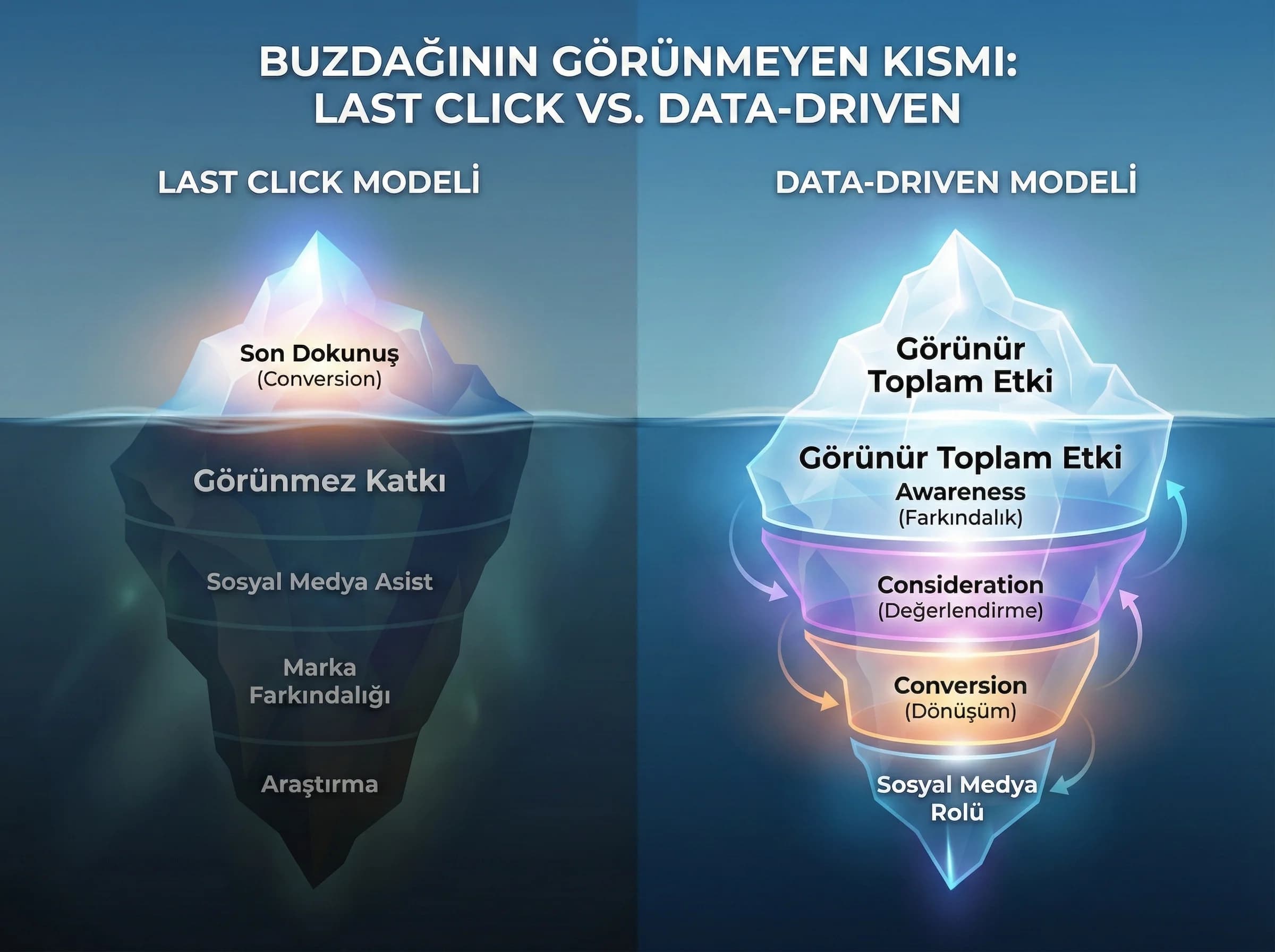 Last click ve data-driven modeller bölüm ayracı, attribution karşılaştırması