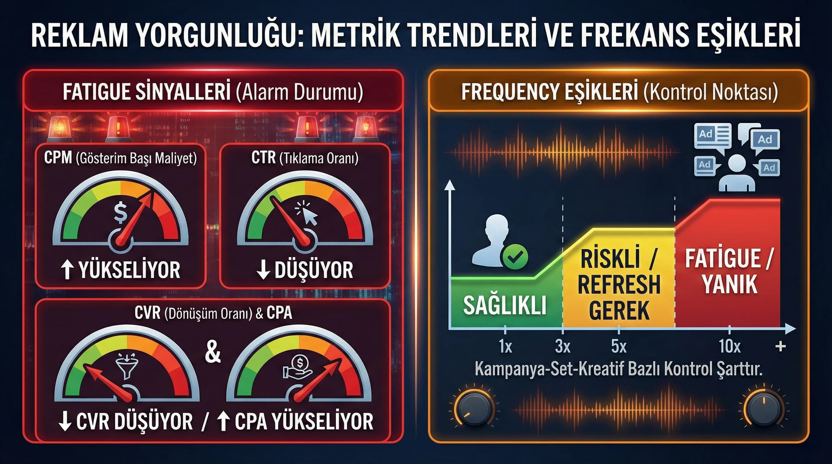 CPM CTR dönüşüm trendleri ve frequency eşikleri, fatigue erken uyarı görseli