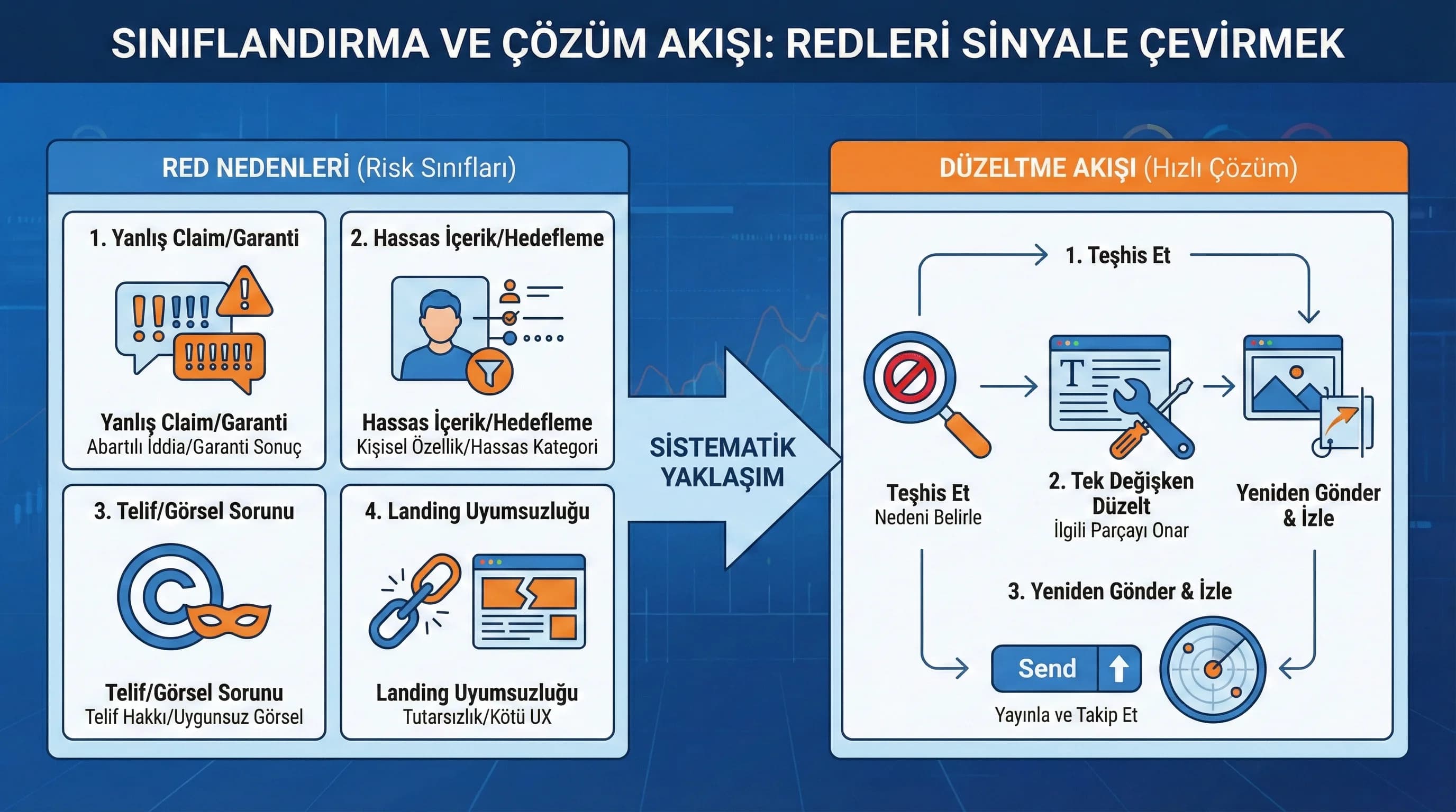Red nedenleri sınıfları ve düzeltme akışı, operasyonel kontrol çerçevesi
