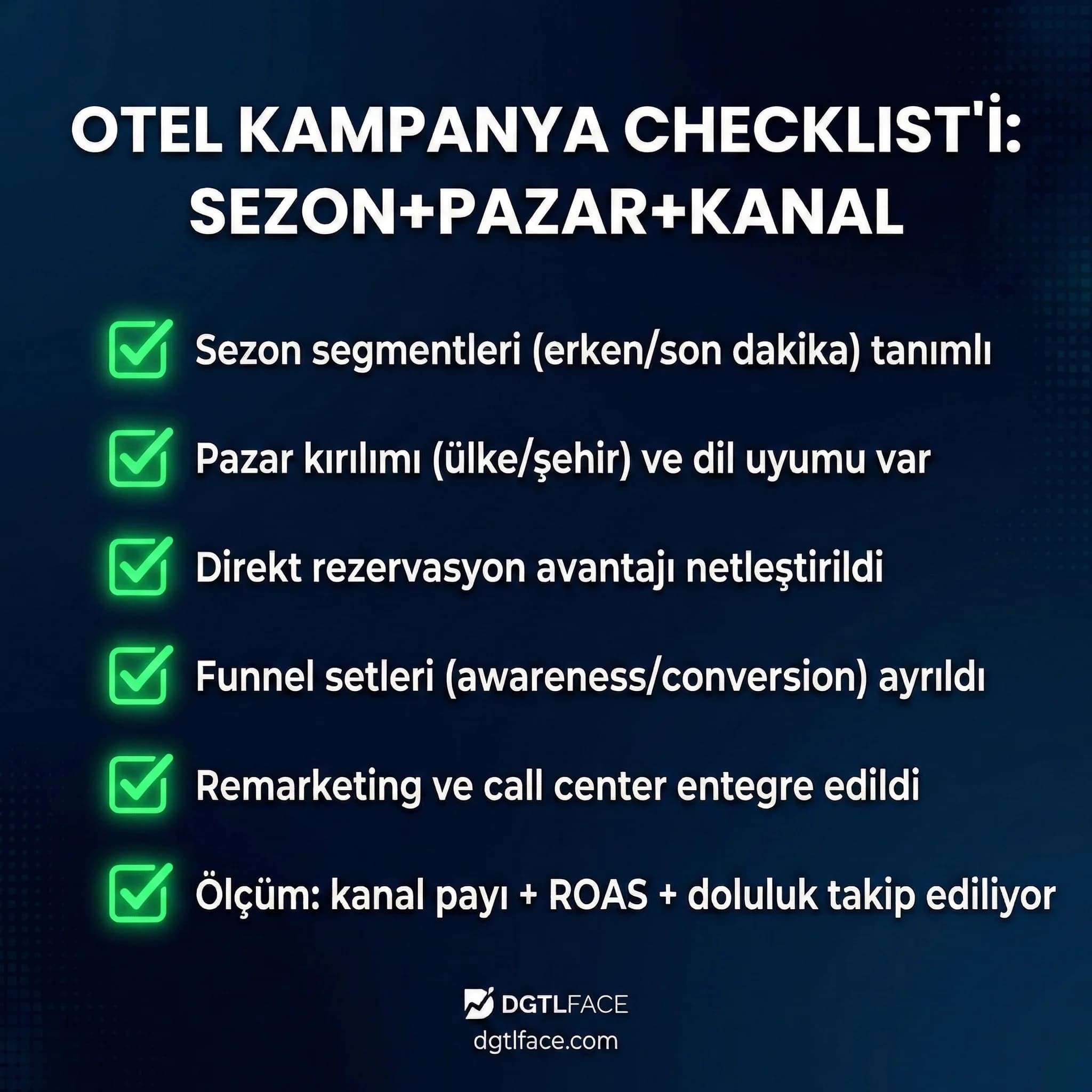 Otel kampanya checklist’i, sezon pazar kanal kontrol çerçevesi