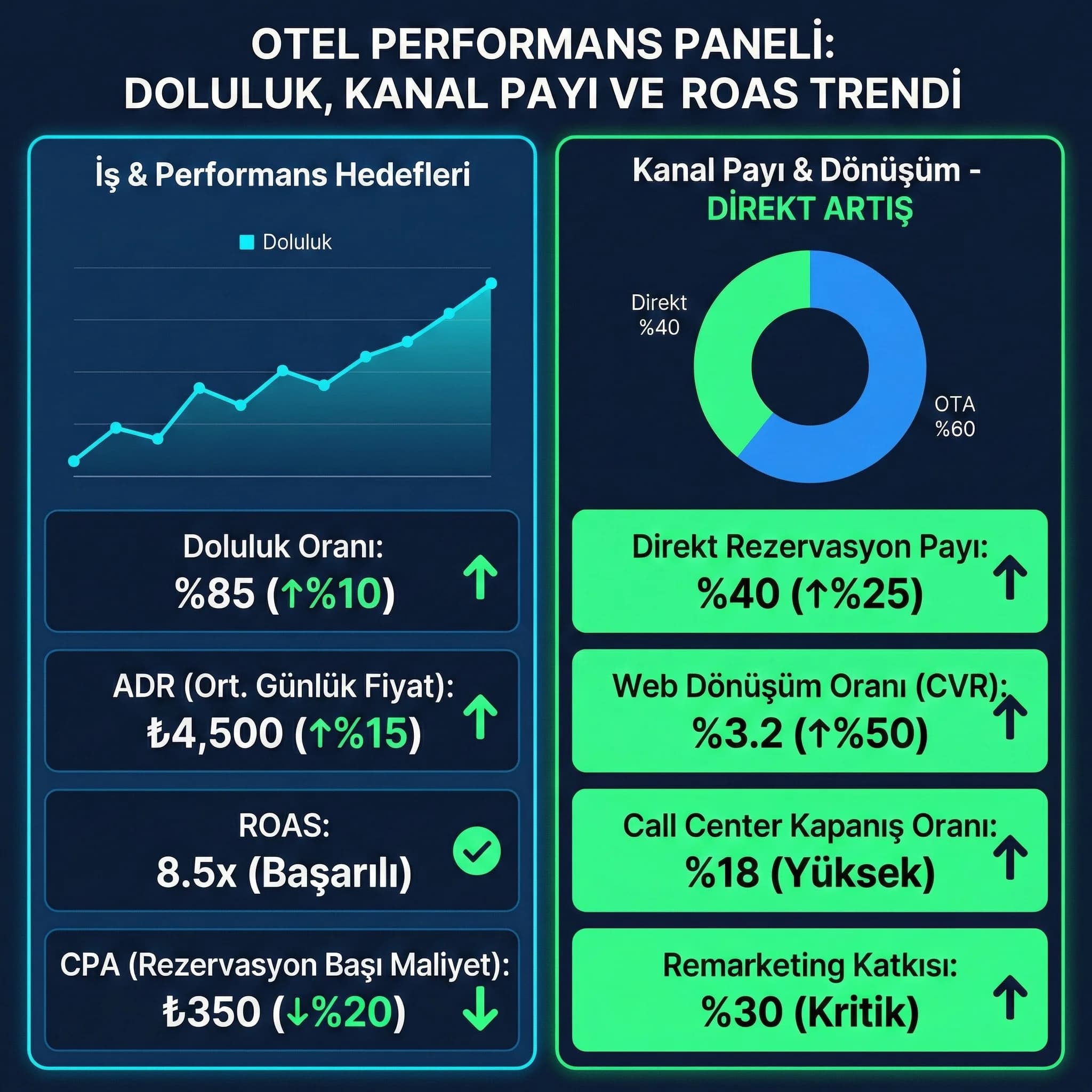 Doluluk CPA ROAS ve direkt rezervasyon payı KPI paneli, otel performansı