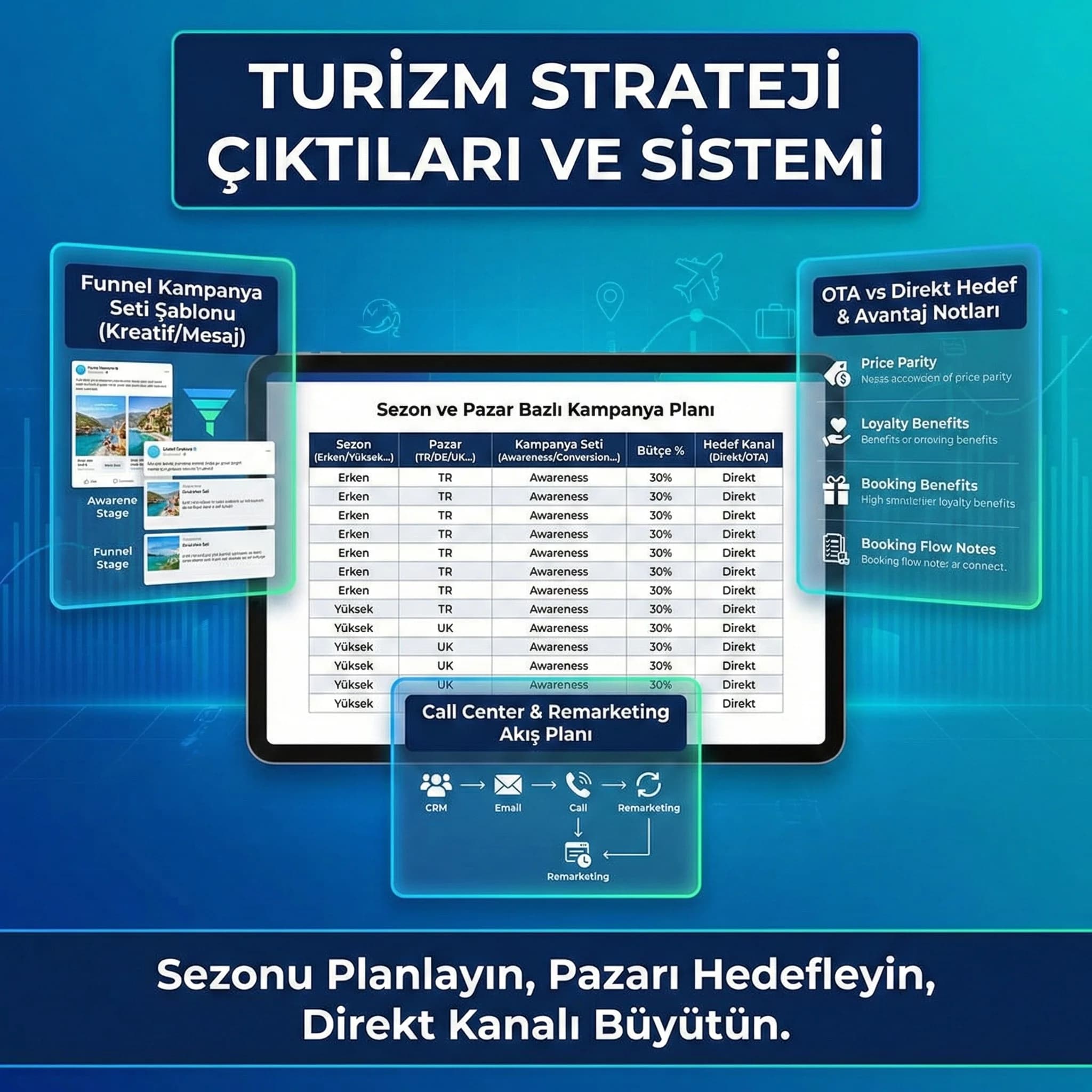 Sezon ve pazar bazlı kampanya planı çıktıları, otel reklam deliverables kartı