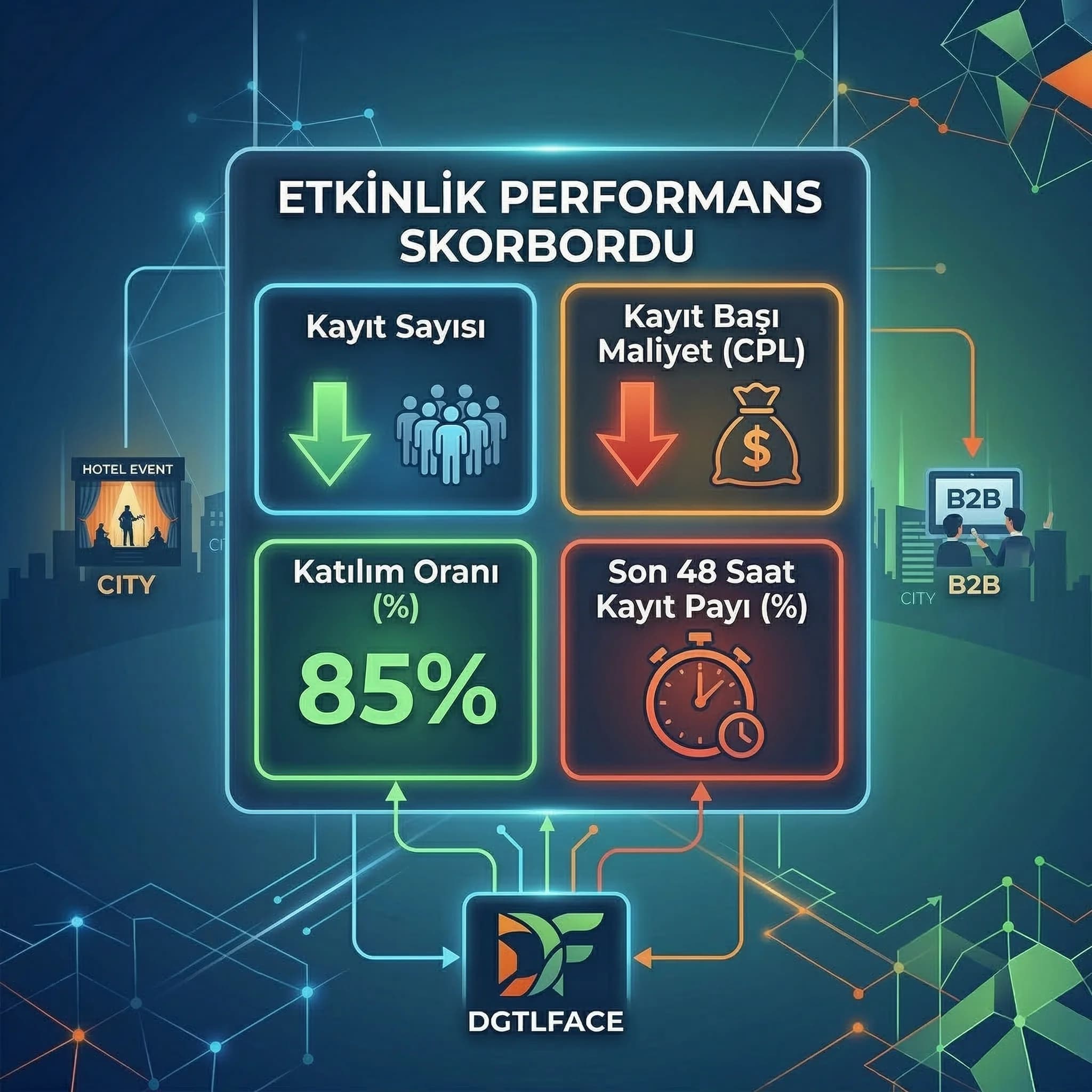 Otel etkinliği ve B2B webinar kreatif örnekleri + mesaj şablonları kartı