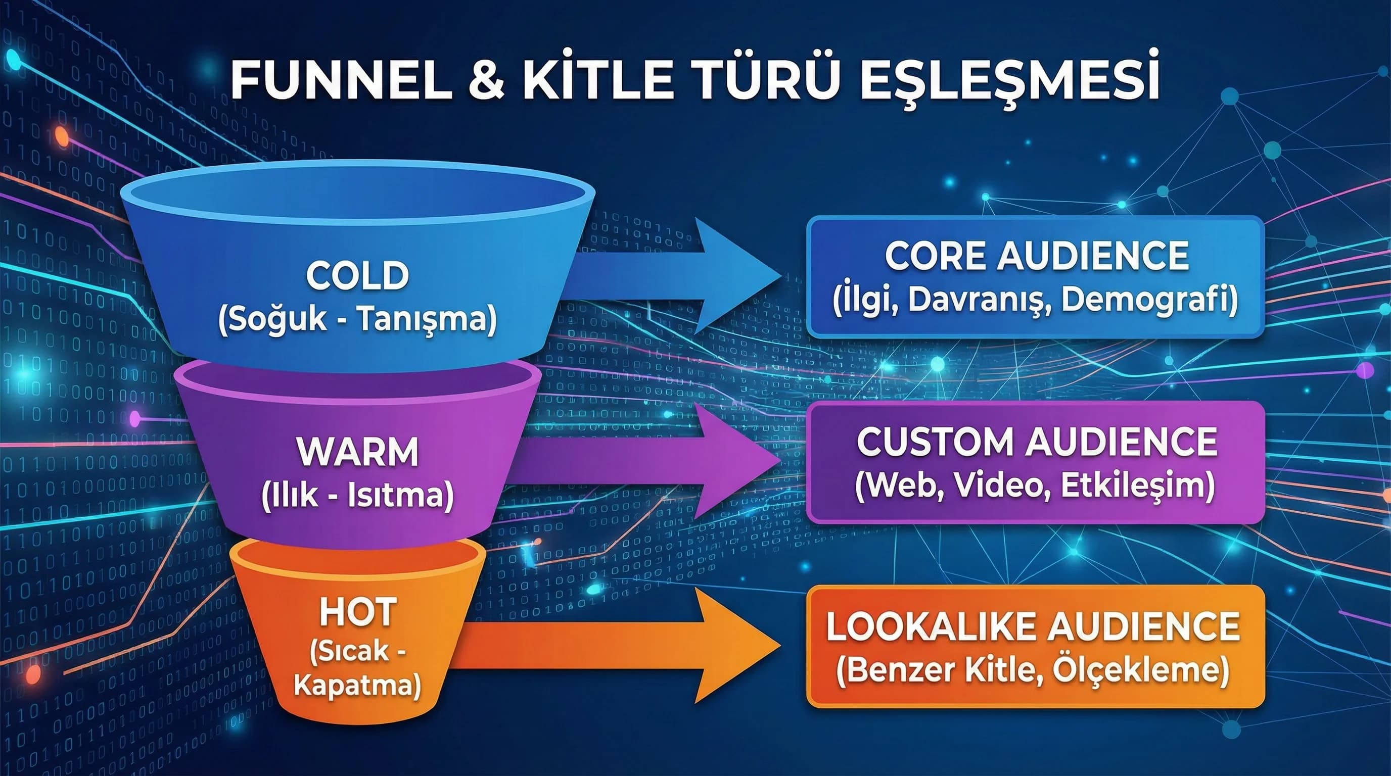 Cold–warm–hot funnel ile core/custom/lookalike eşleşmesi görseli