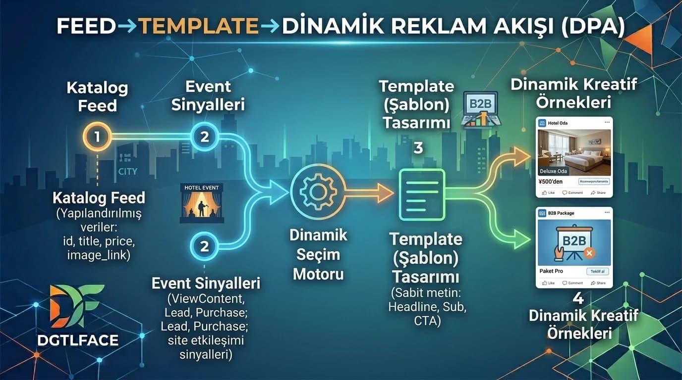 Feed→template→dinamik kreatif akışı + remarketing modeli bağlamı