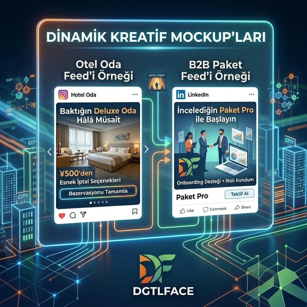 Dinamik reklam akışı diyagramı: feed→template→reels/görsel + retargeting