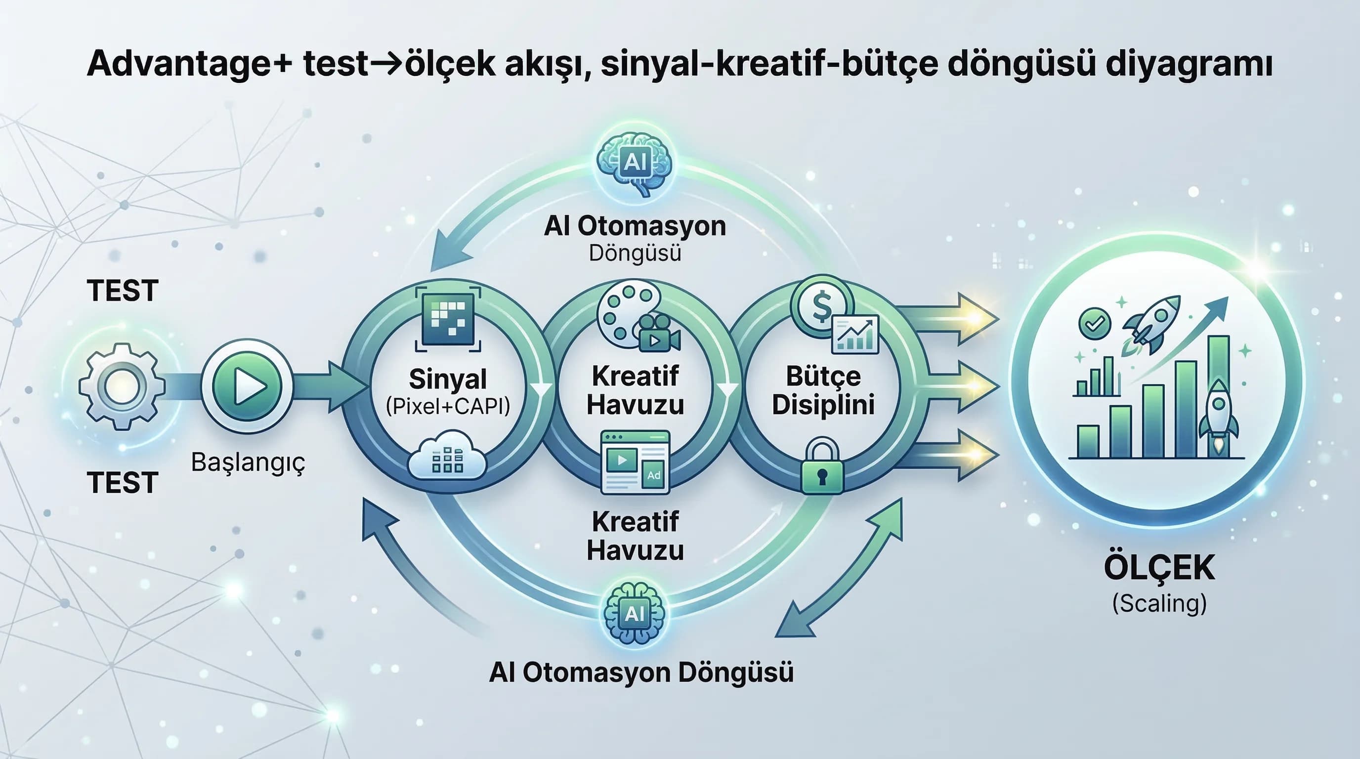 Advantage+ test→ölçek akışı, sinyal-kreatif-bütçe döngüsü diyagramı