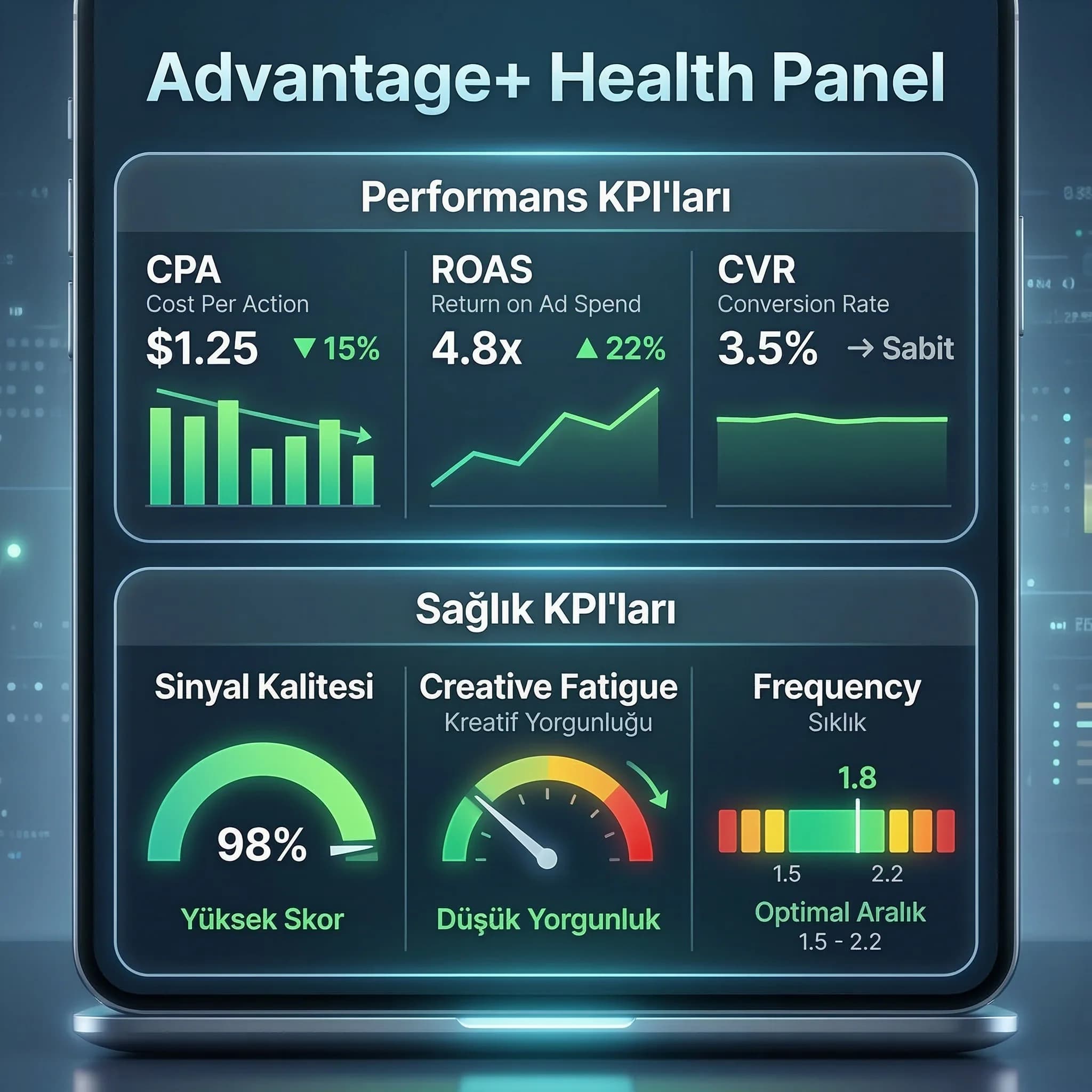 CPA ROAS ve sinyal kalitesi paneli, otomasyon performans skor kartı