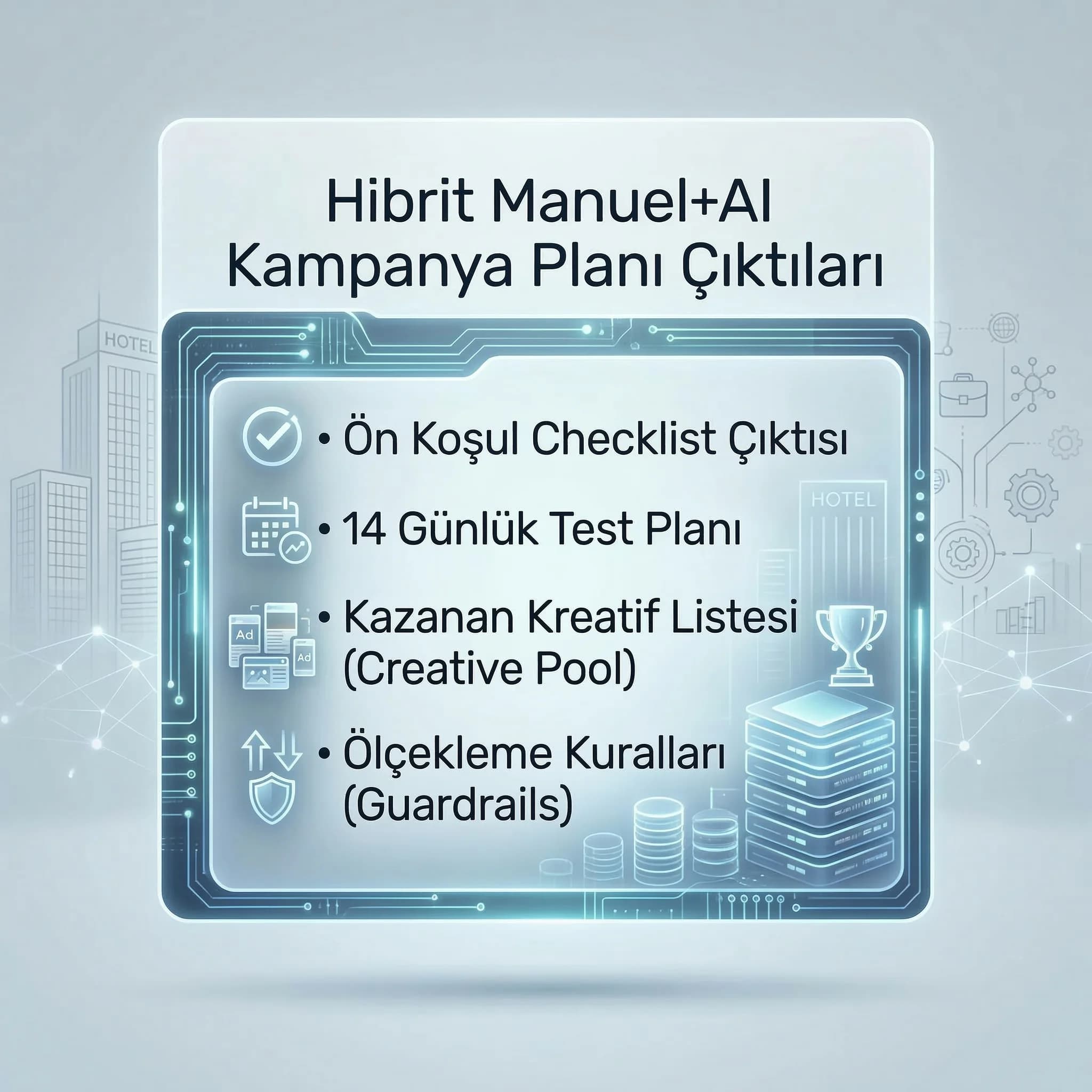 Hibrit manuel+AI kampanya planı deliverables, otel ve B2B kullanım