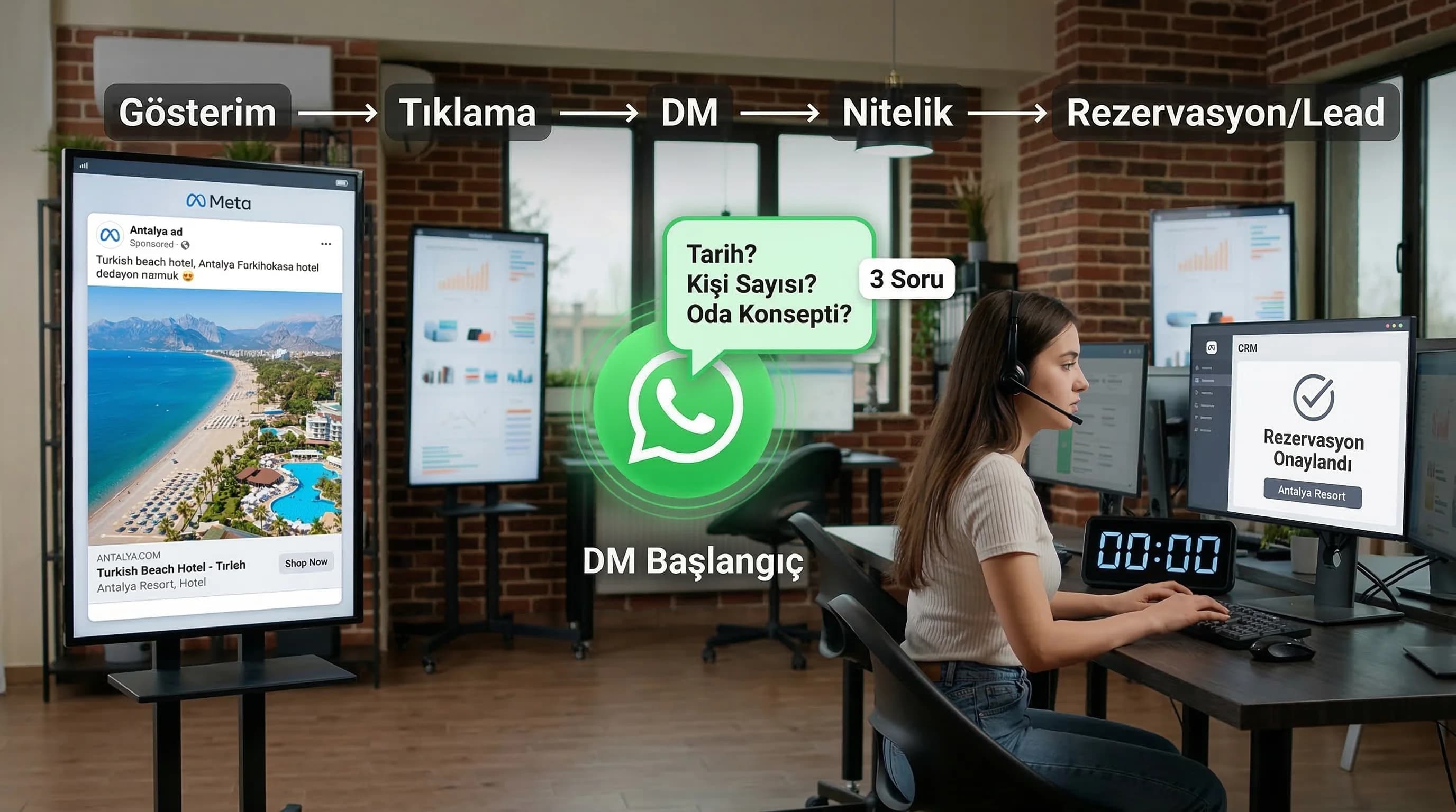 Mesajlaşma-first funnel, gösterimden DM’ye dönüşüm akışı otel bağlamı