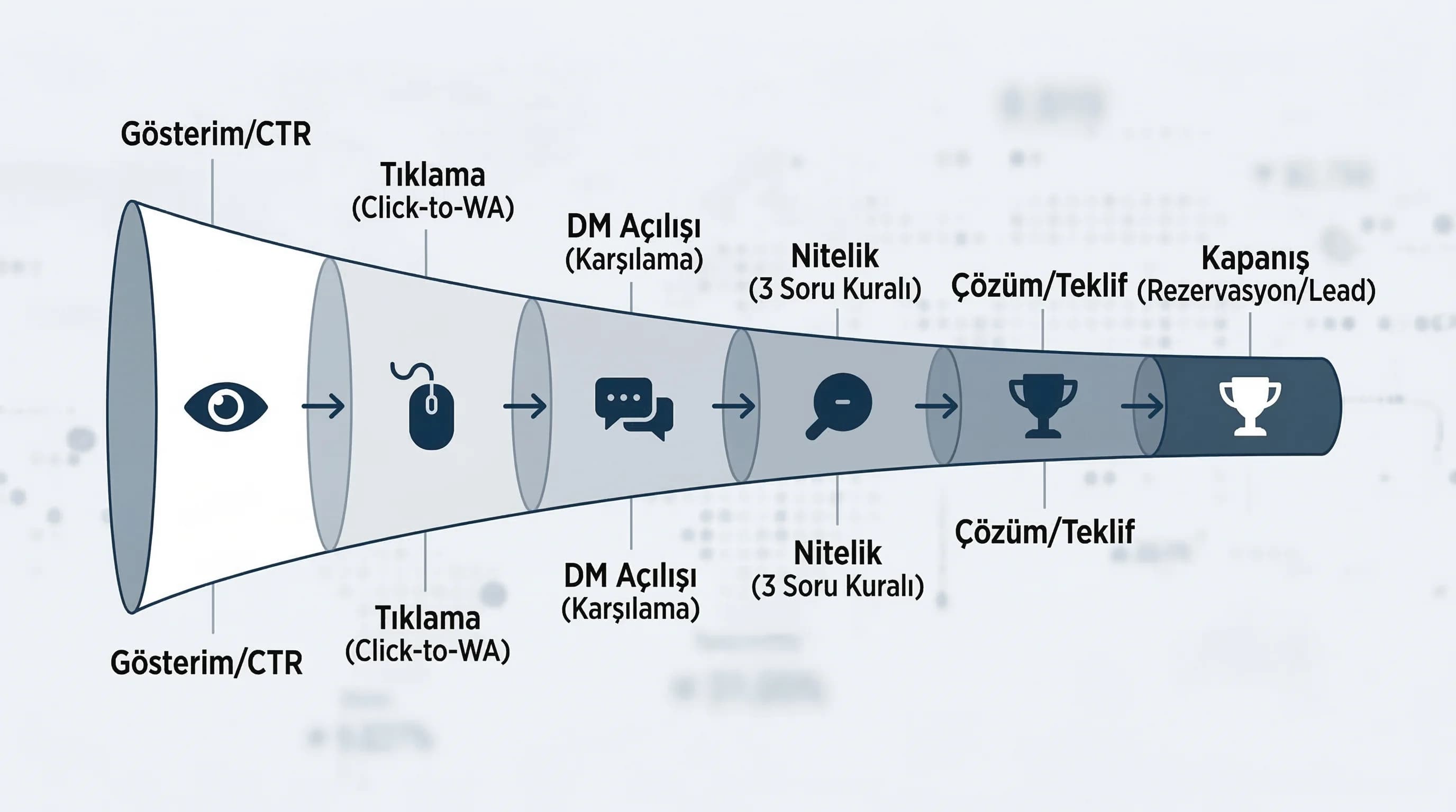 DM funnel diyagramı, gösterimden rezervasyona mesajlaşma dönüşümü