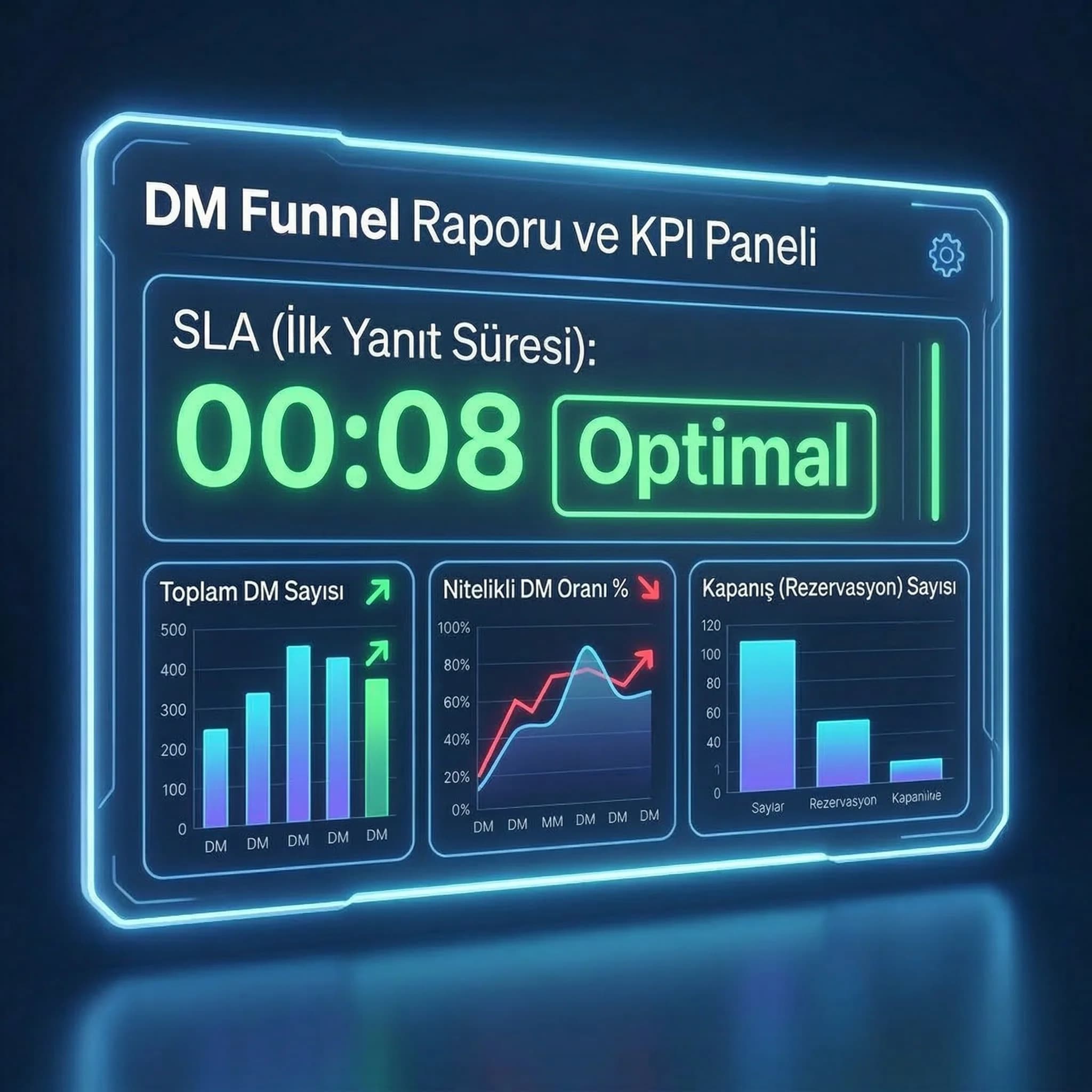 SLA ve DM dönüşüm KPI paneli, nitelikli lead ve rezervasyon takibi