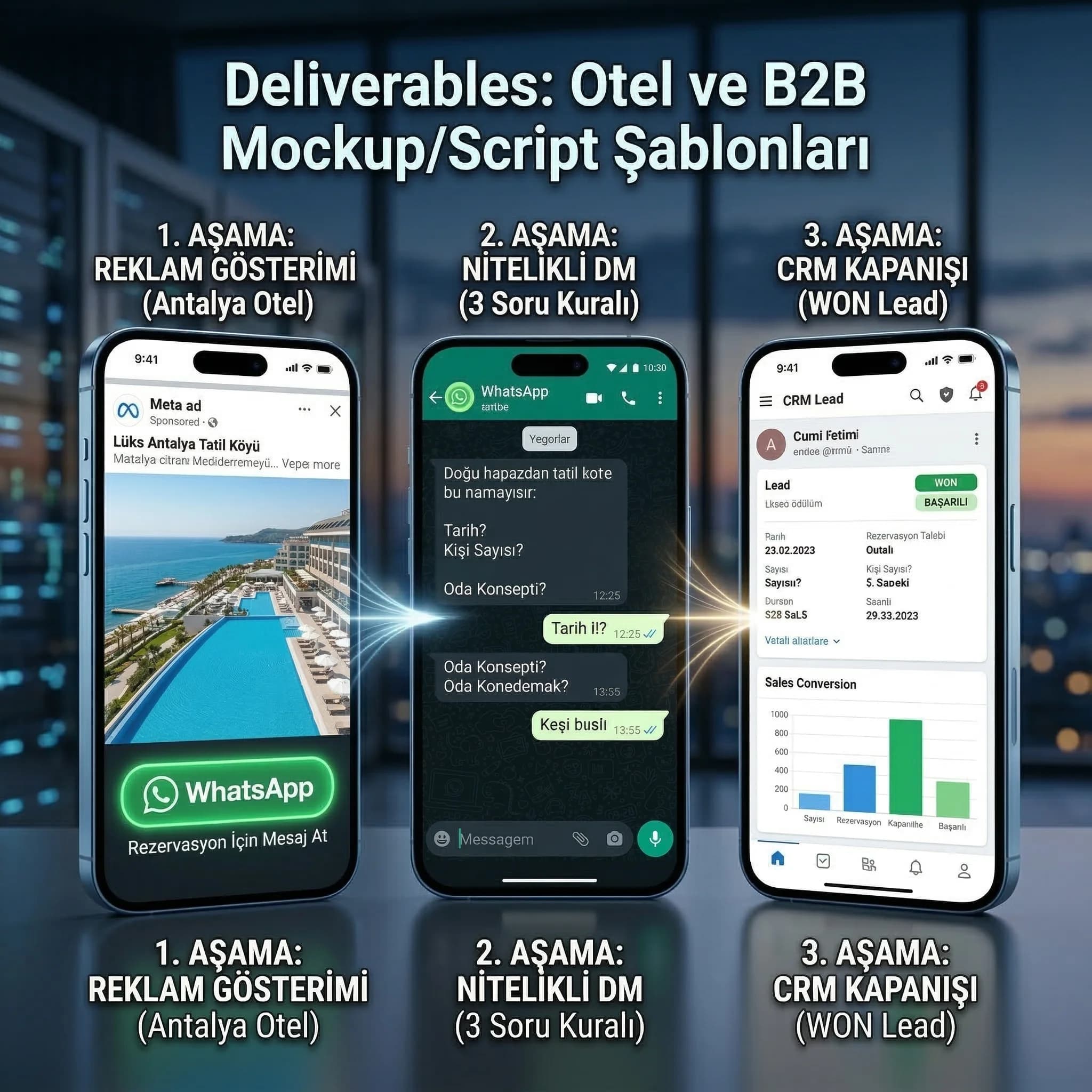 Click-to-WhatsApp reklam mockup’ı, otel ve B2B mesaj şablonu örnekleri