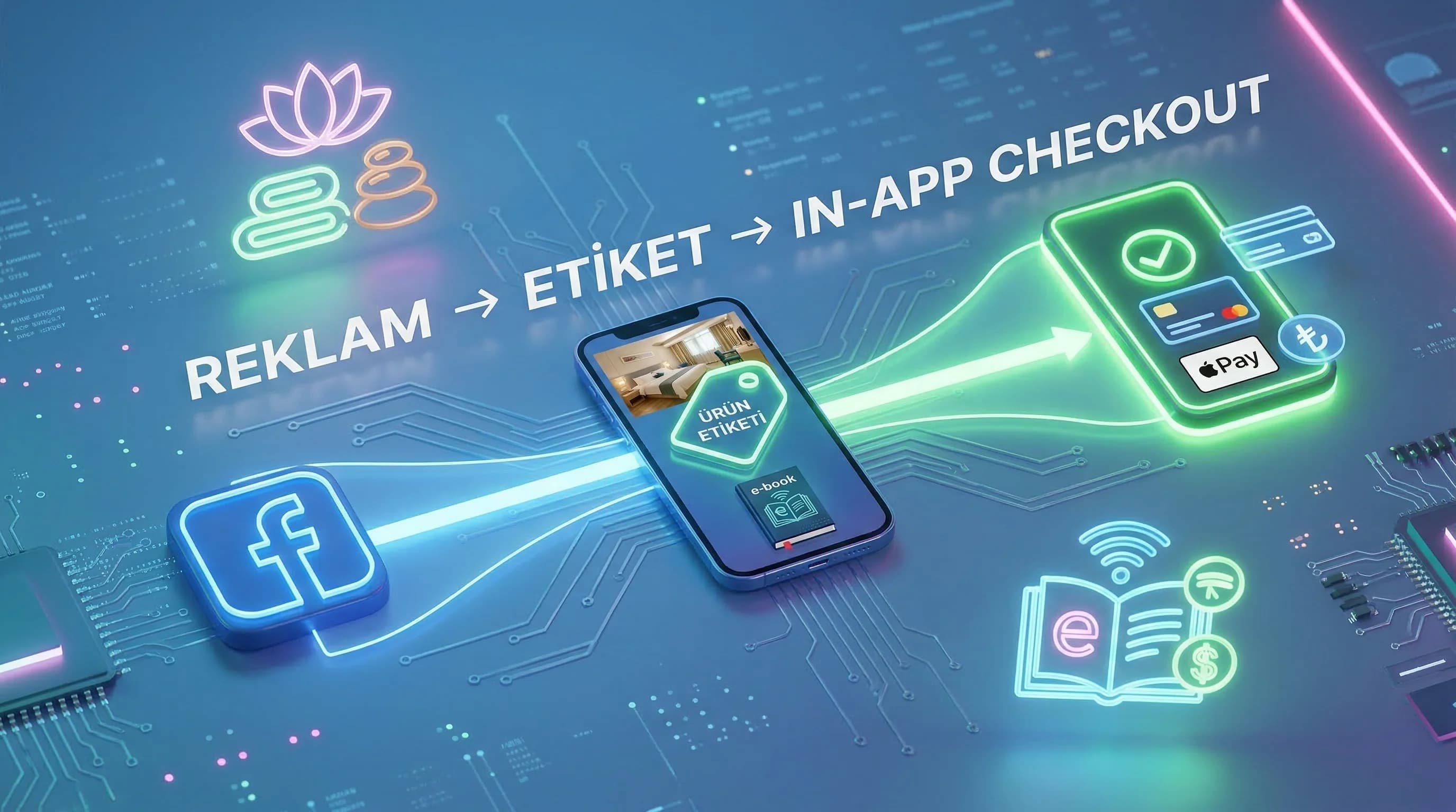 Shop ve in-app checkout akışı, reklamdan satın almaya, otel ve B2B bağlamı