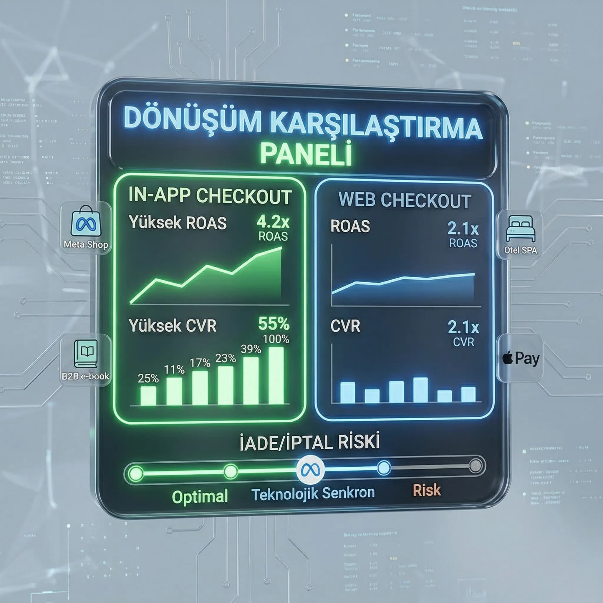 In-app dönüşüm ve ROAS paneli, sürtünme azaltma, otel bağlamı