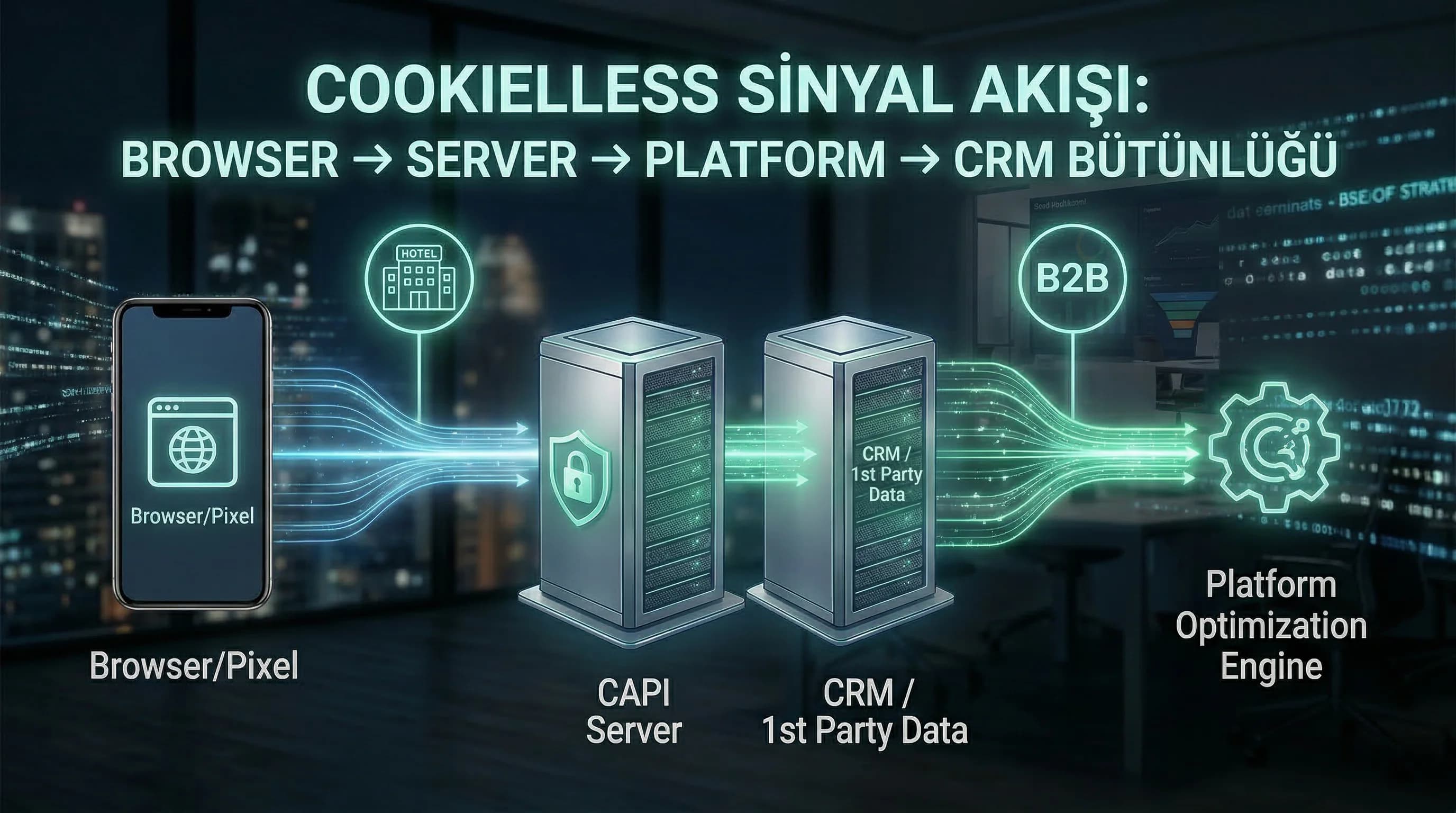 Cookieless sinyal akışı diyagramı, browser server platform CRM bütünlüğü