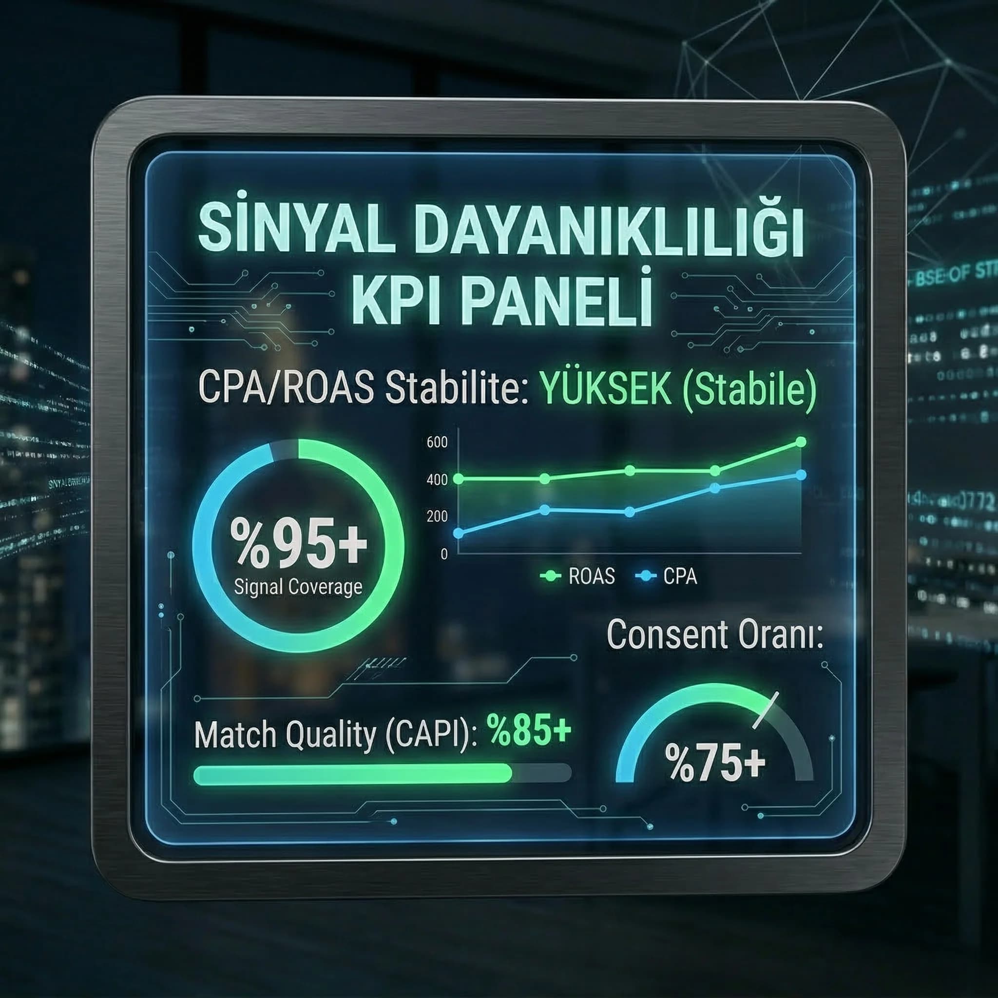 Sinyal coverage ve CPA ROAS stabilite paneli, privacy dönemi KPI kartı