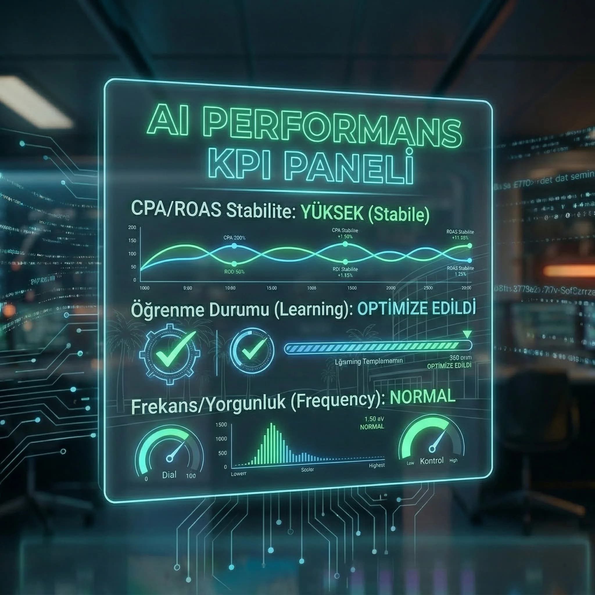 CPA ROAS ve learning KPI paneli, AI optimizasyon performans takibi