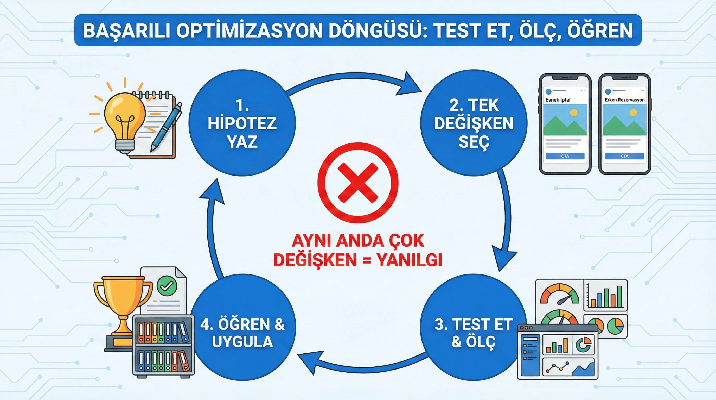 Tek değişkenli test mantığı ve test ölç öğren akışı görseli