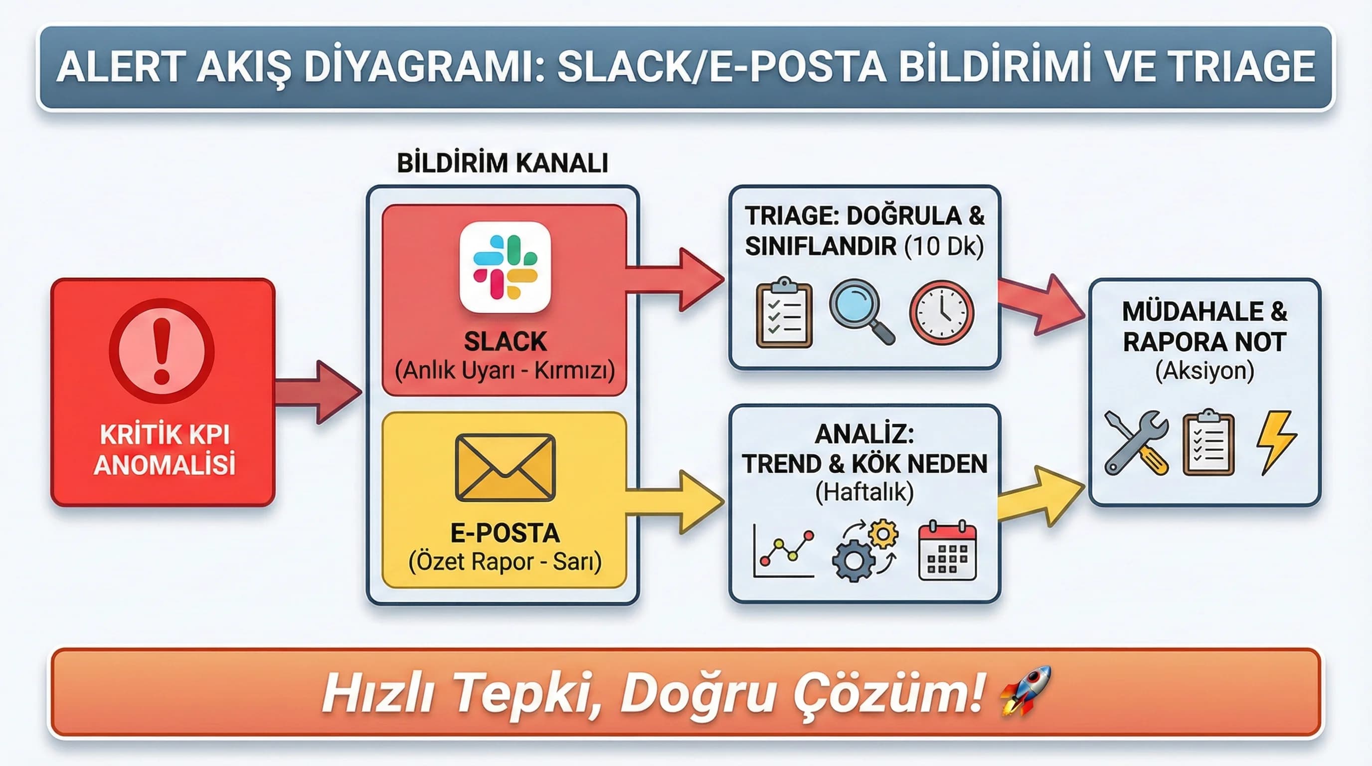 Otomatik alert akış diyagramı, Slack e-posta bildirimleri, triage süreci