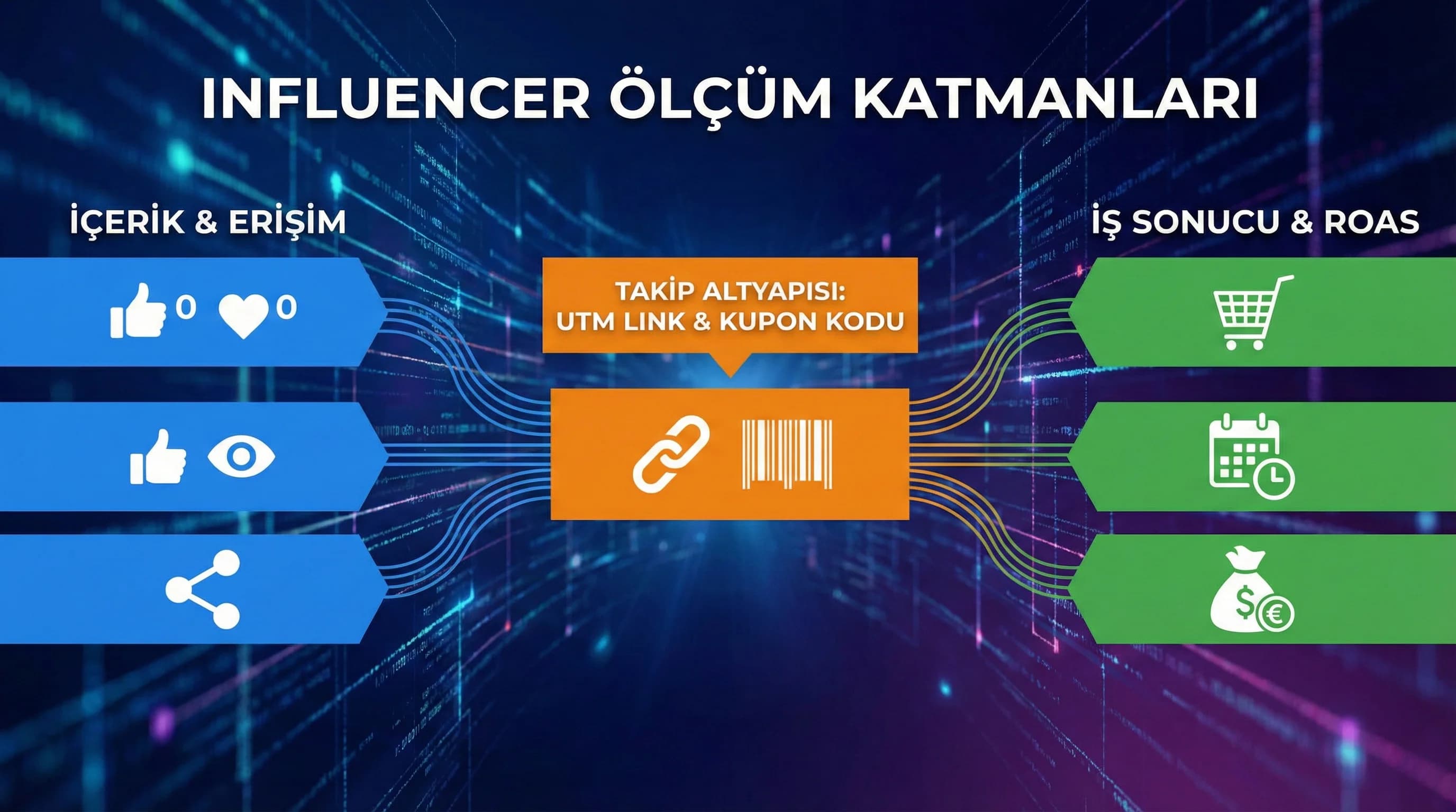 Influencer ölçüm katmanları, içerikten iş sonucuna raporlama, UTM ve kupon takibi