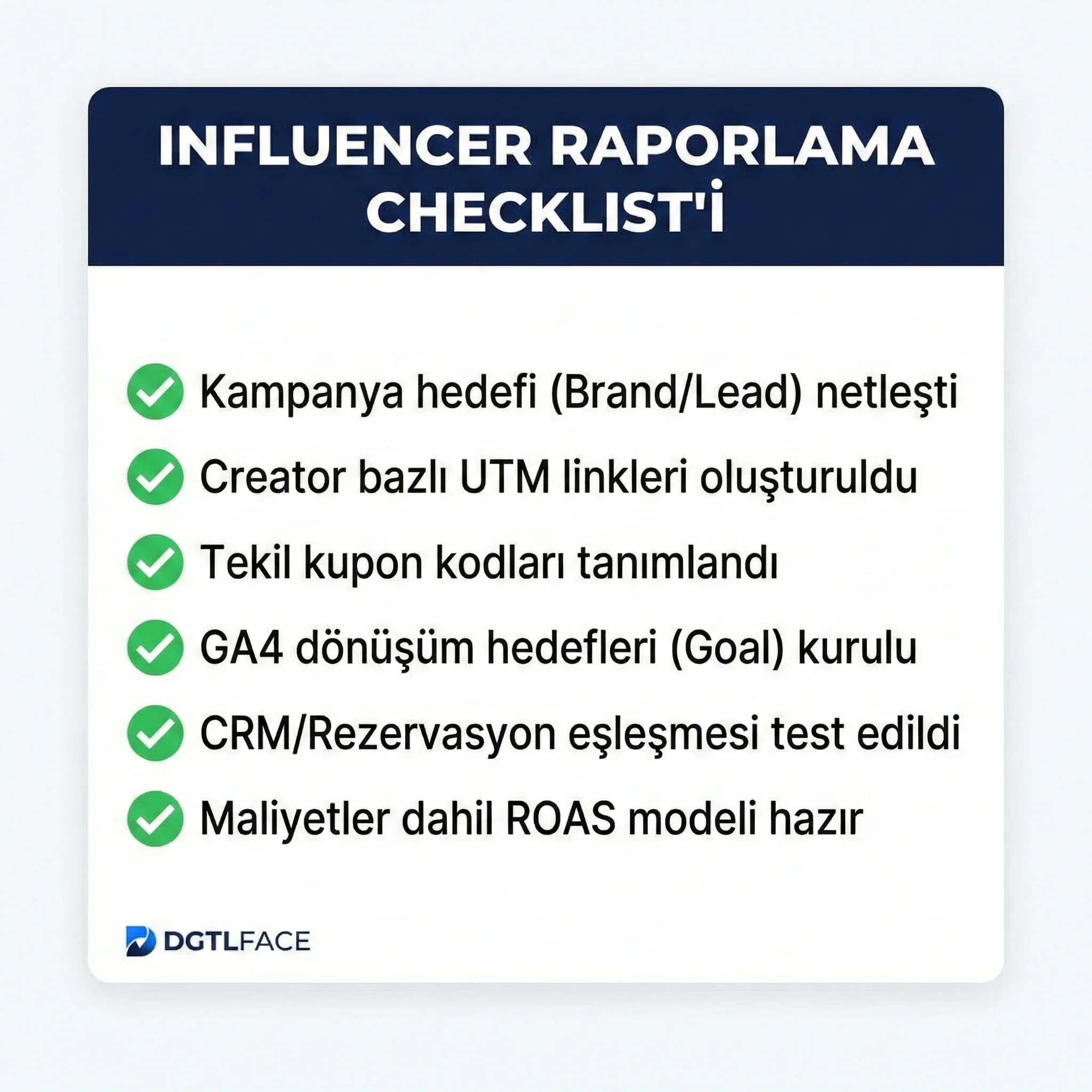 Influencer rapor checklist’i, UTM kupon takip planı, kampanya ölçüm standardı