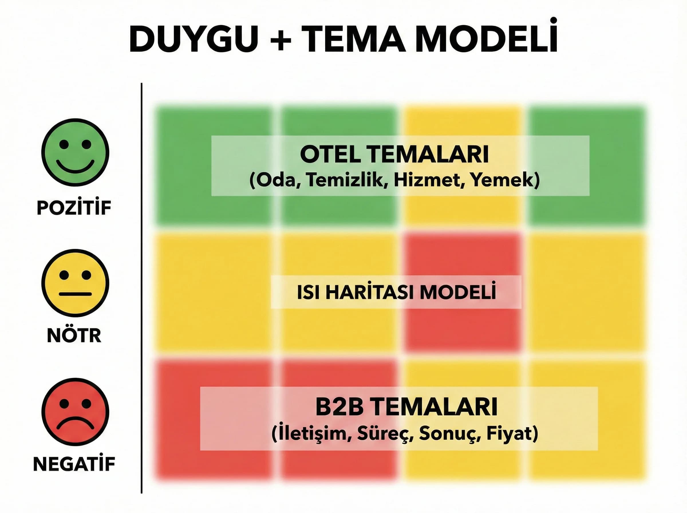 Tema kategorileri ve duygu sınıfları, ısı haritası yaklaşımı, raporlama