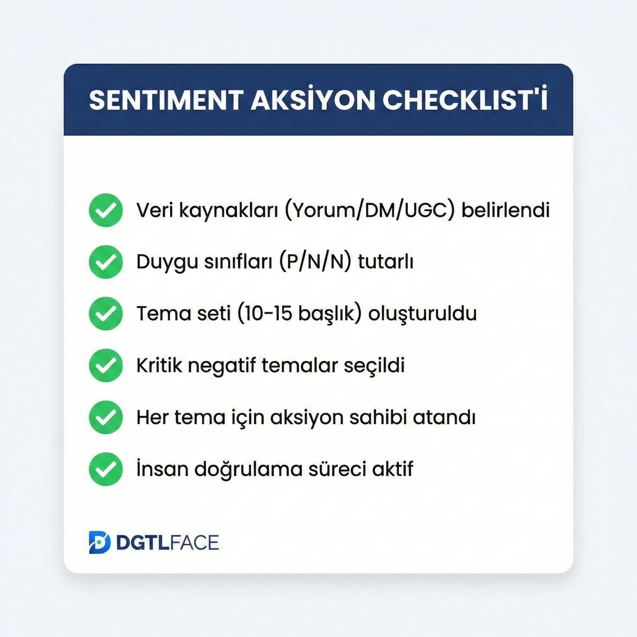 Sentiment aksiyon checklist’i, yorum DM tema raporu, operasyon ve CRM