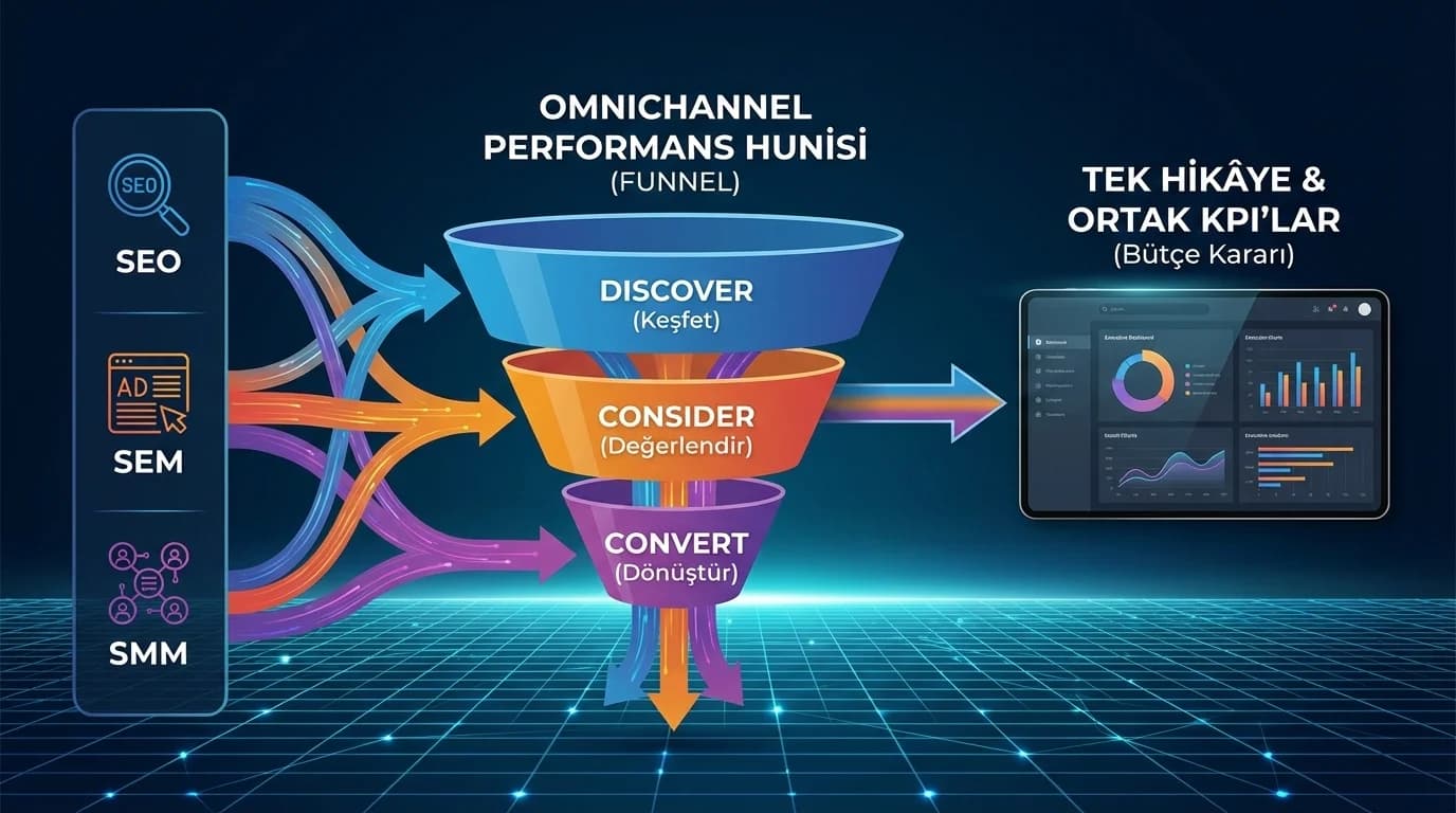 Omnichannel funnel görünümü, kanal rollerini gösteren rapor, karar paneli