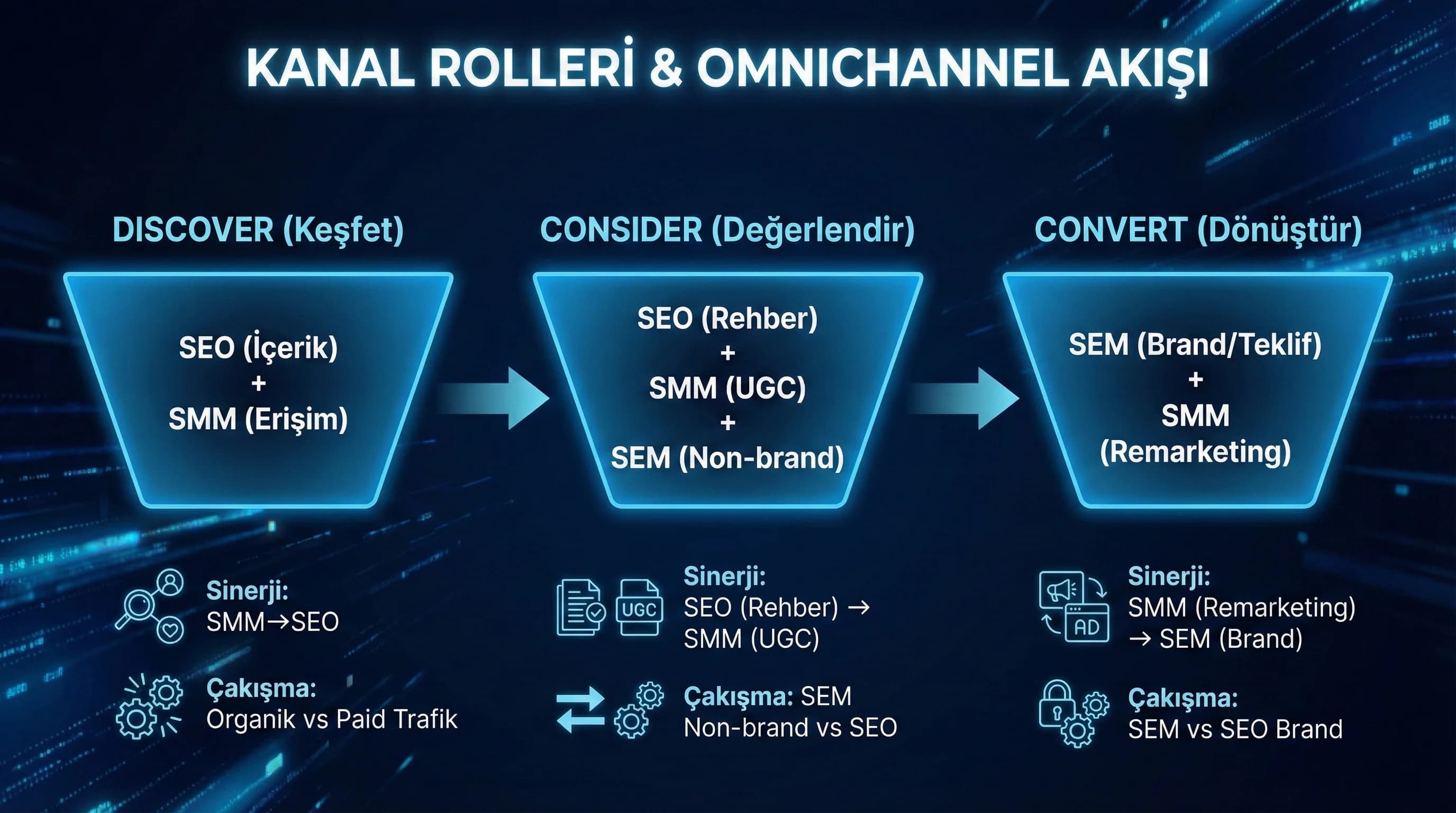Discover consider convert rol akışı, SEO SEM SMM sinerji diyagramı, omnichannel model