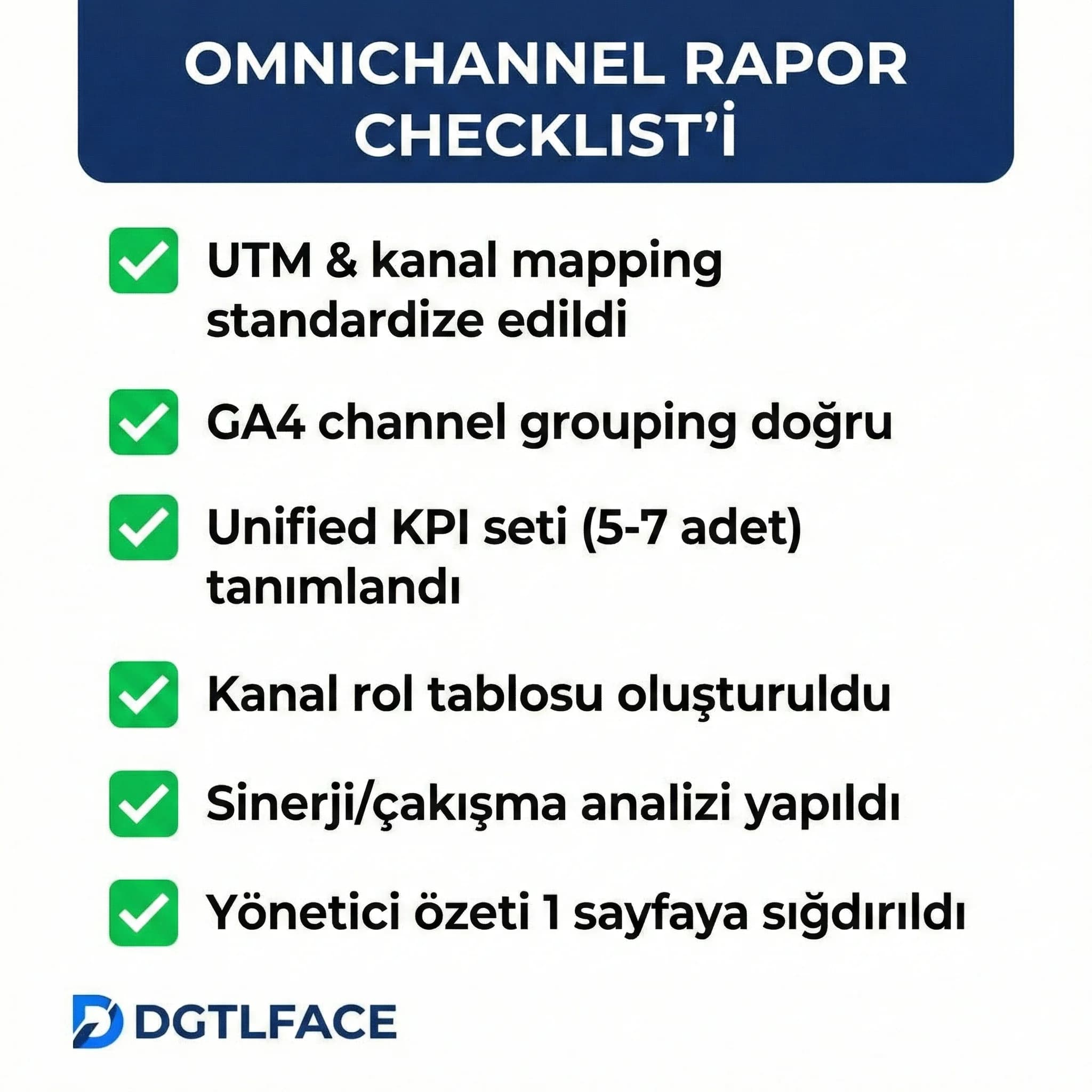 Omnichannel rapor checklist’i, KPI ve mapping kontrolü, yönetici raporu